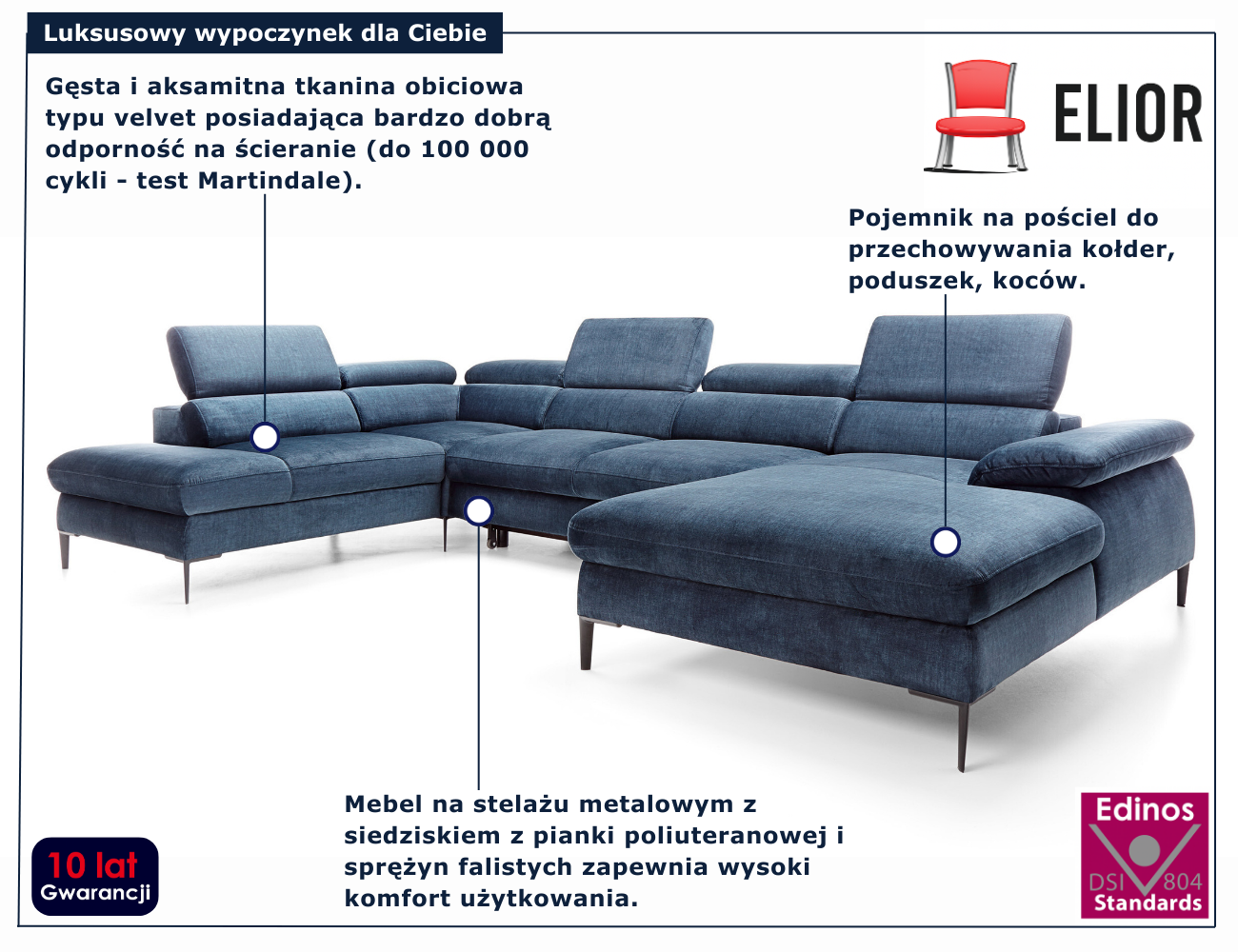 Granatowy duży nowoczesny narożnik U Perioz