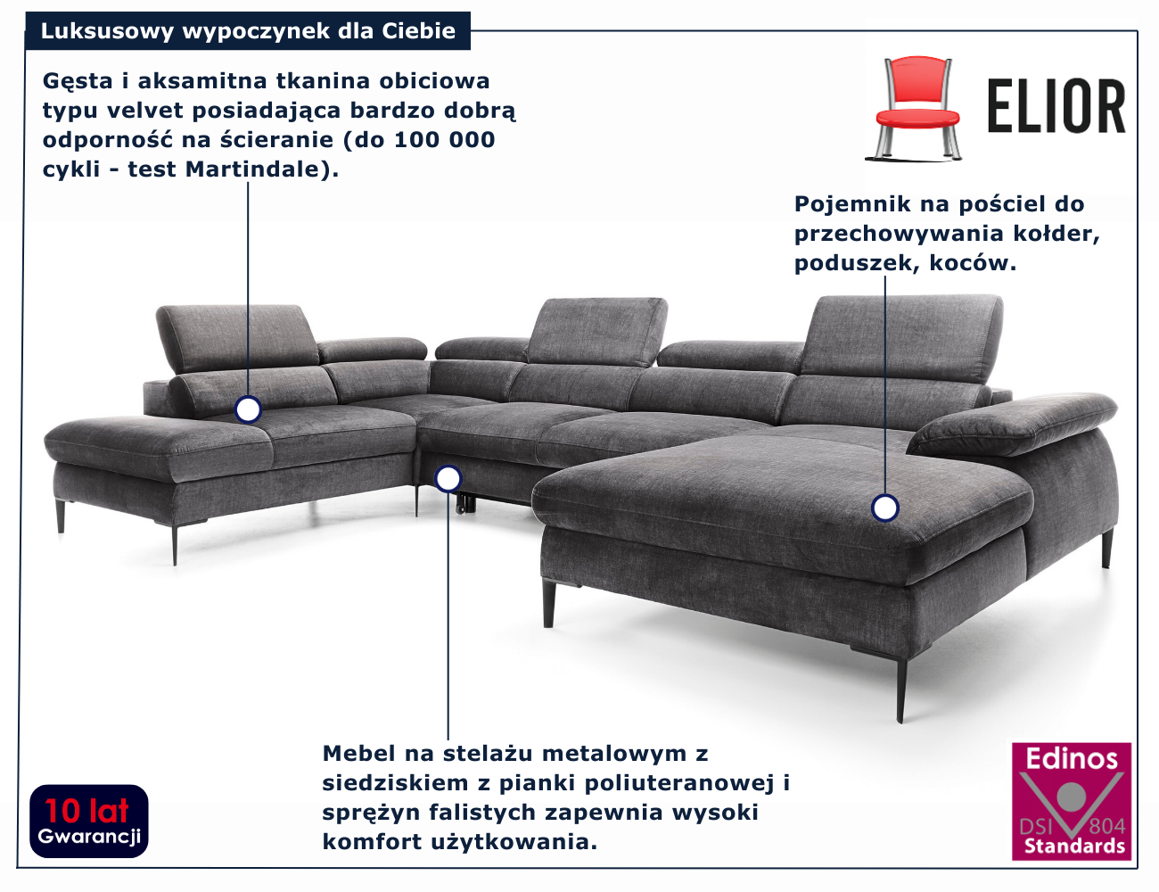 Szary nowoczesny narożnik w kształcie litery U Perioz