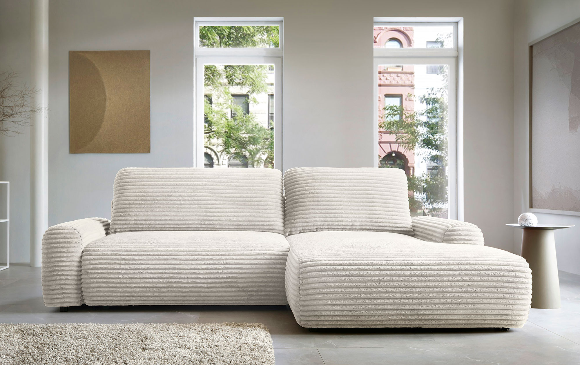 Nowoczesny salon ze sztruksową kanapą Obelis ecru