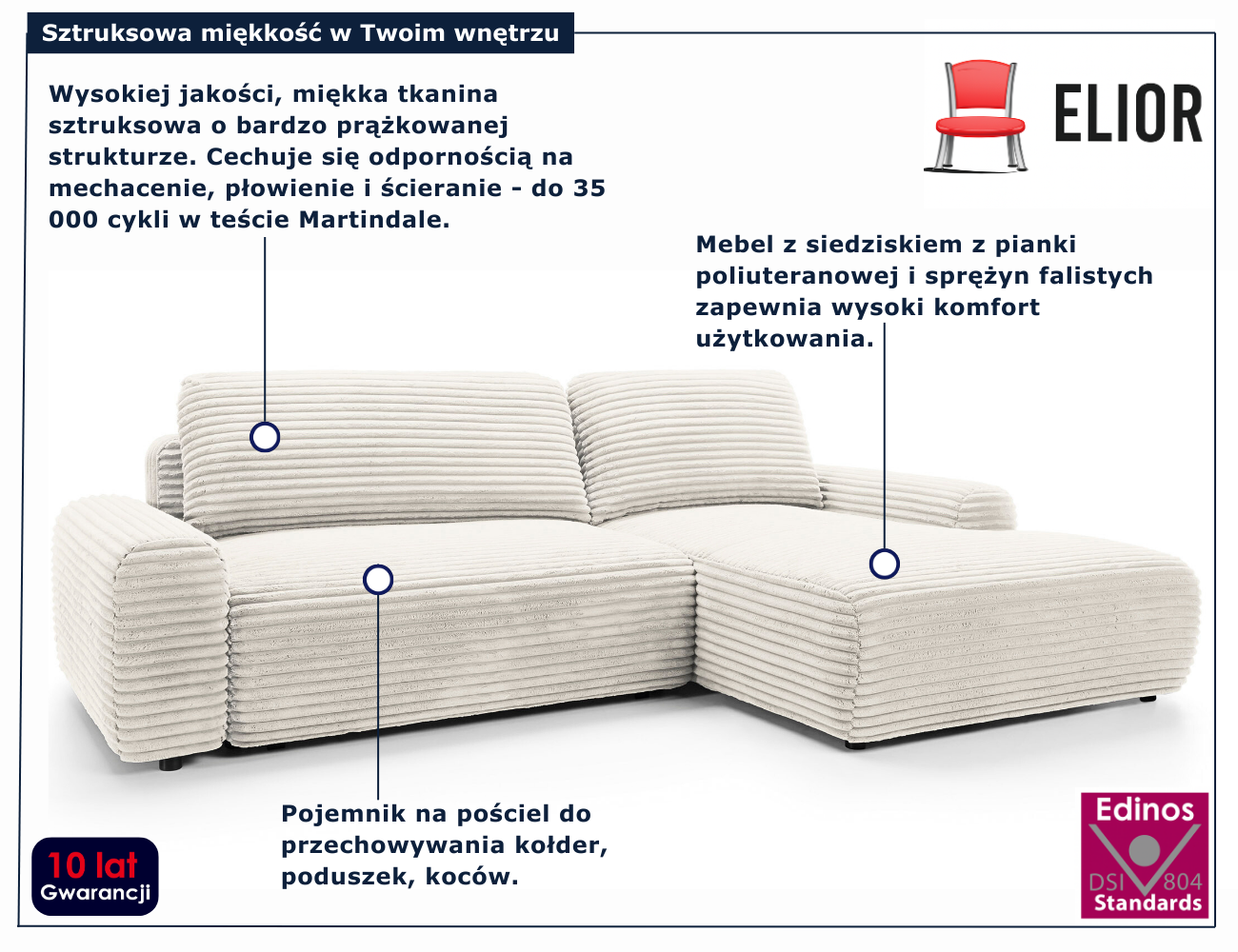 Sztruksowa kanapa narożna nowoczesna ecru Obelis