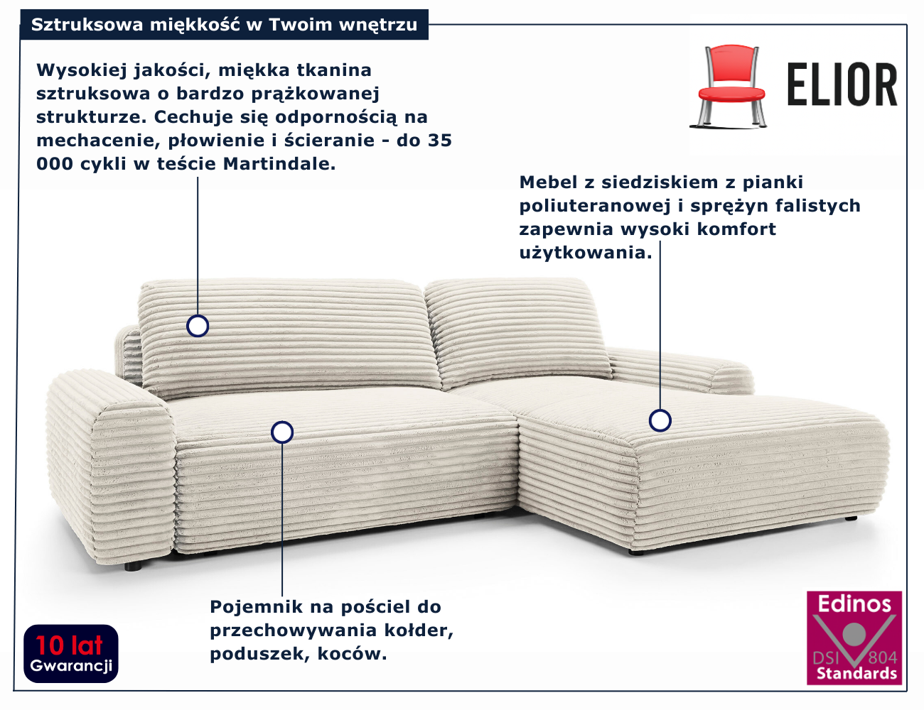 Kremowa sztruksowa kanapa narożna Obelis