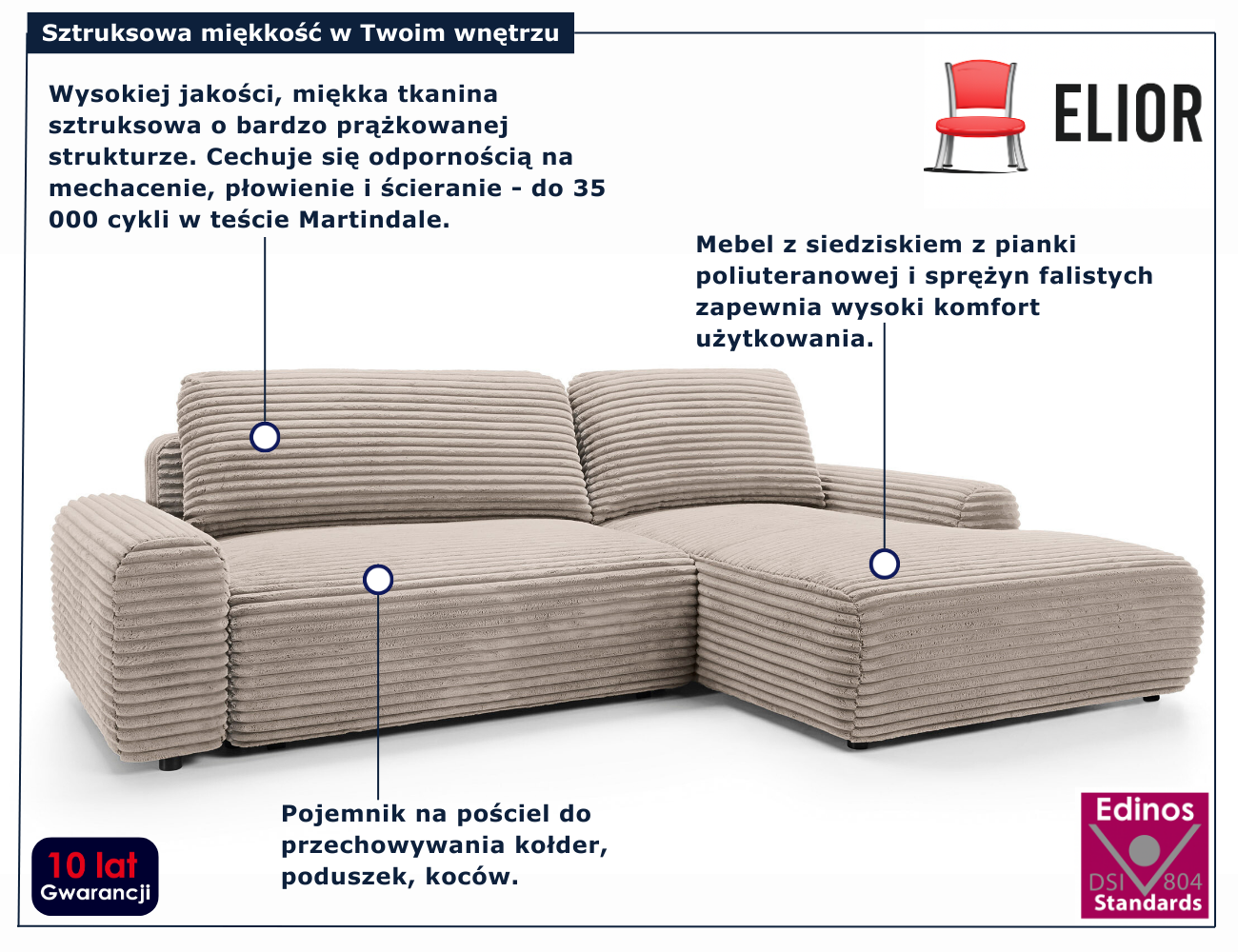 Nowoczesna sztruksowa kanapa narożna Obelis cappuccino