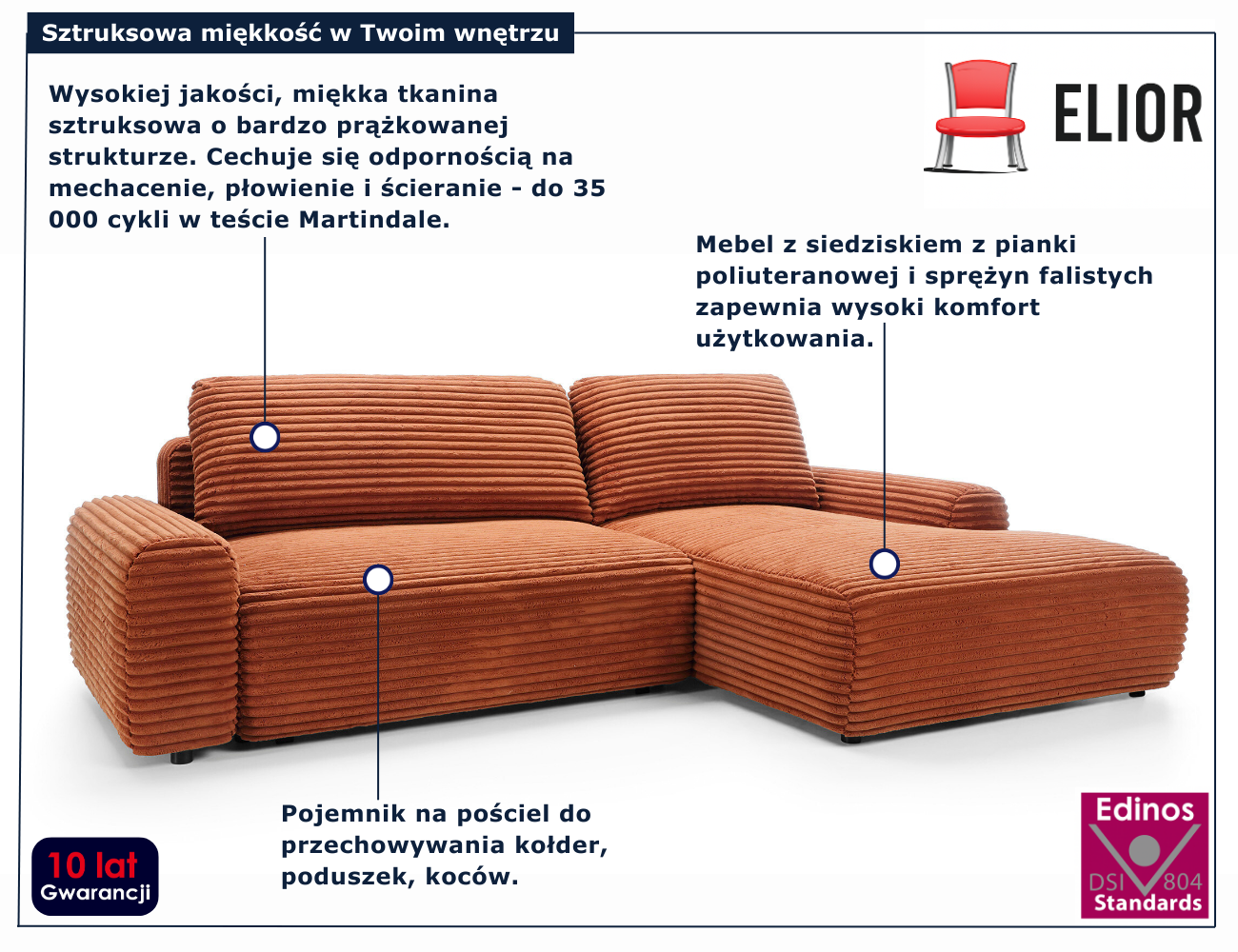 Ceglasta sztruksowa kanapa narożna Obelis