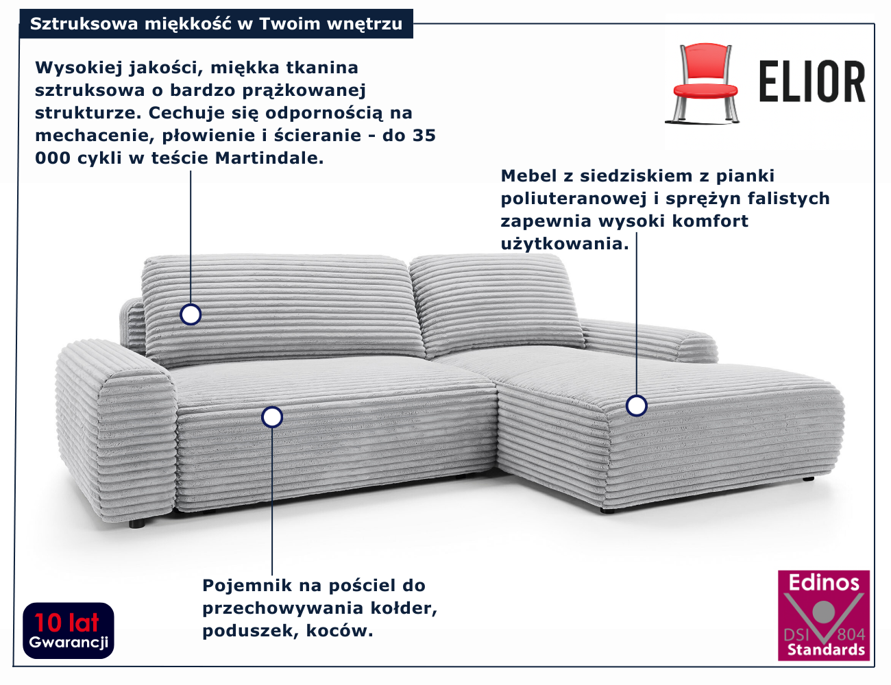 Szara nowoczesna sztruksowa kanapa narożna Obelis
