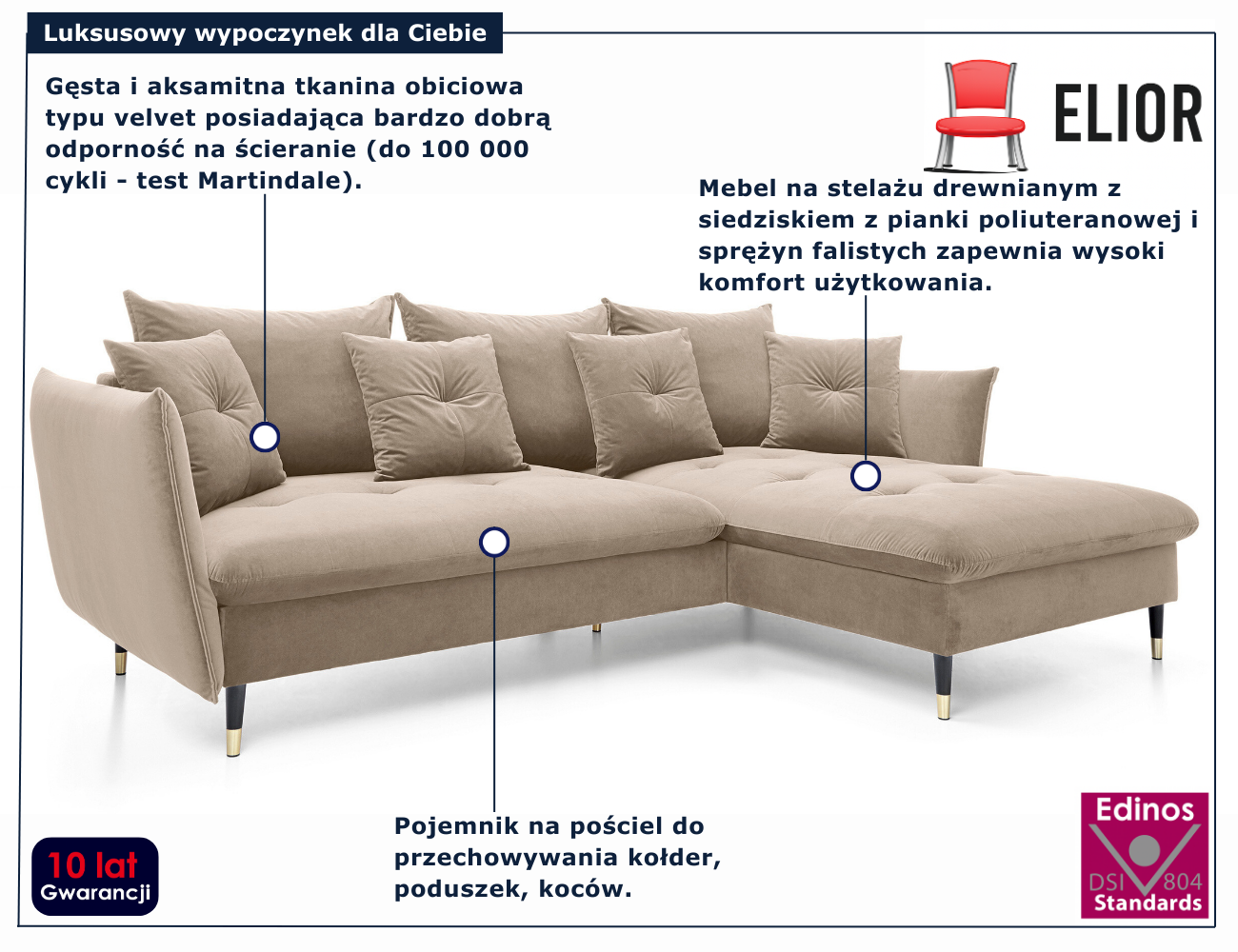 Beżowa kanapa narożna z funkcją spania Geriosso