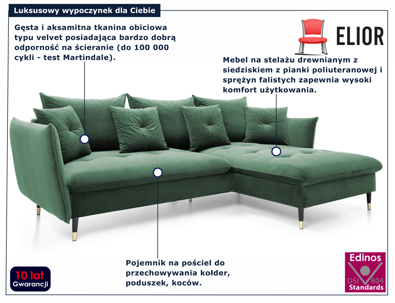 Zielony welurowy narożnik pikowany Geriosso