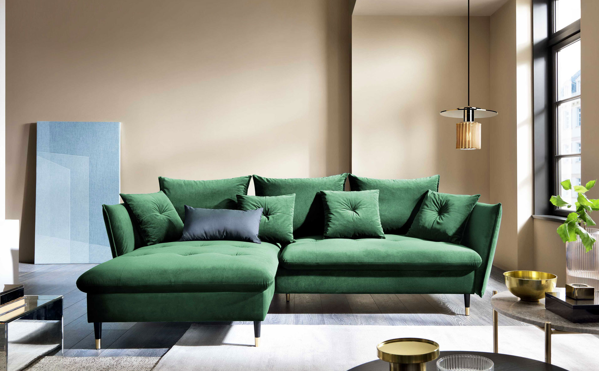 Wizualizacja zielonego welurowego narożnika z pojemnikiem Geriosso