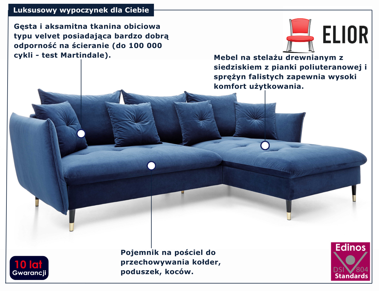 Granatowy welurowy narożnik pikowany z funkcją spania Geriosso