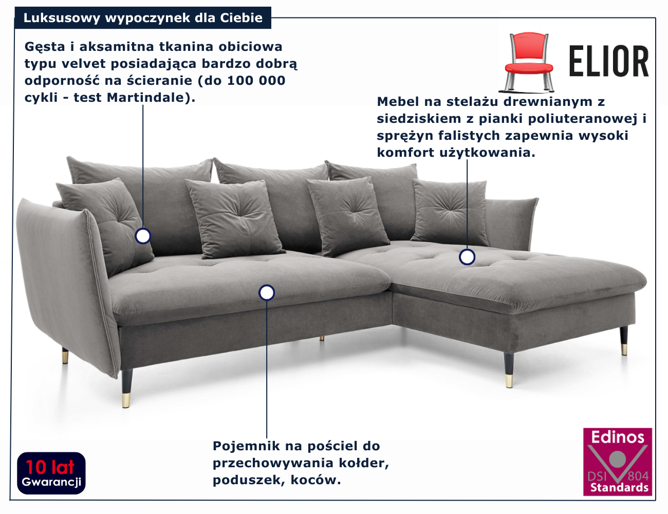 Szary rozkładany narożnik welurowy z pojemnikiem Geriosso