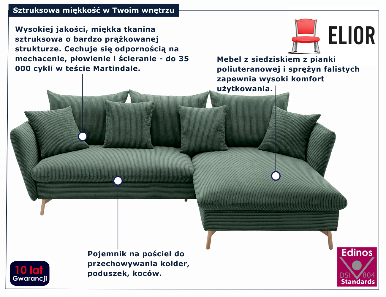 Sztruksowy narożnik rozkładany z pojemnikiem butelkowa zieleń Vettio