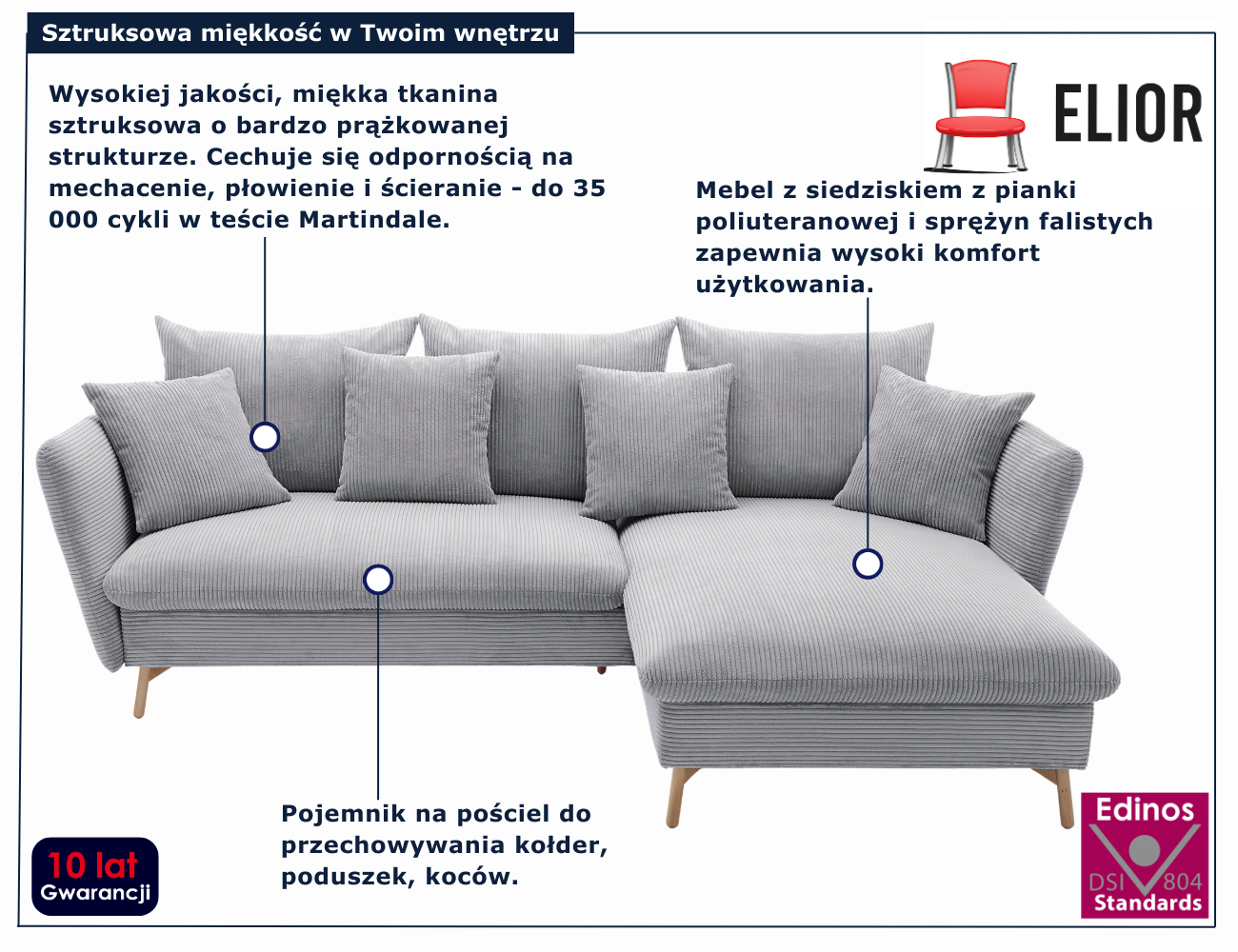 Jasnoszara kanapa sztruksowa do salonu z pojemnikiem Vettio