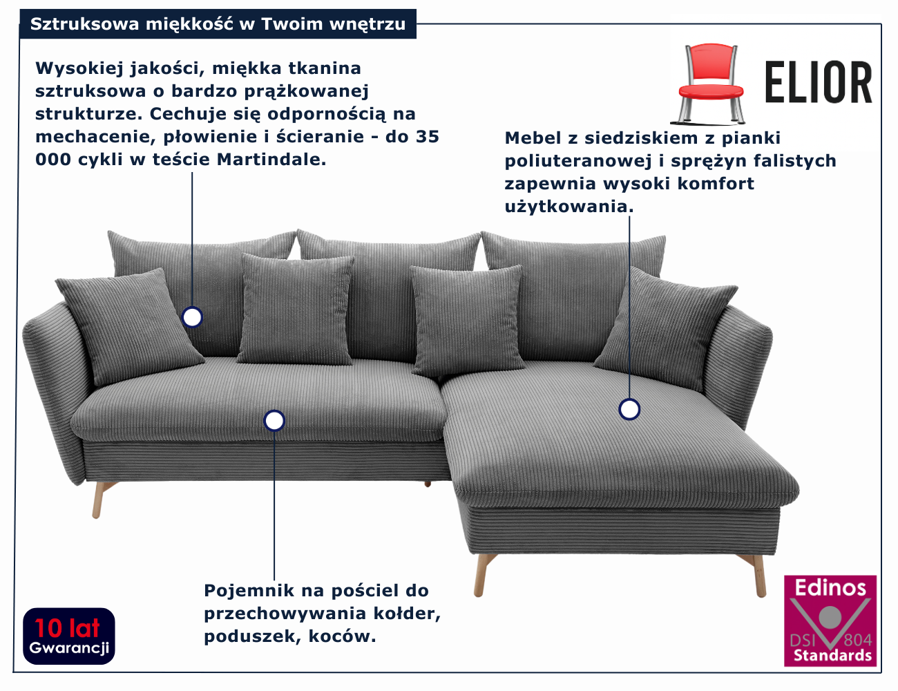Ciemnoszara sztruksowa kanapa rozkładana do salonu Vettio