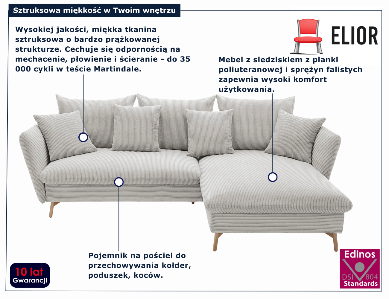 Waniliowy sztruksowy narożnik rozkładany Vettio