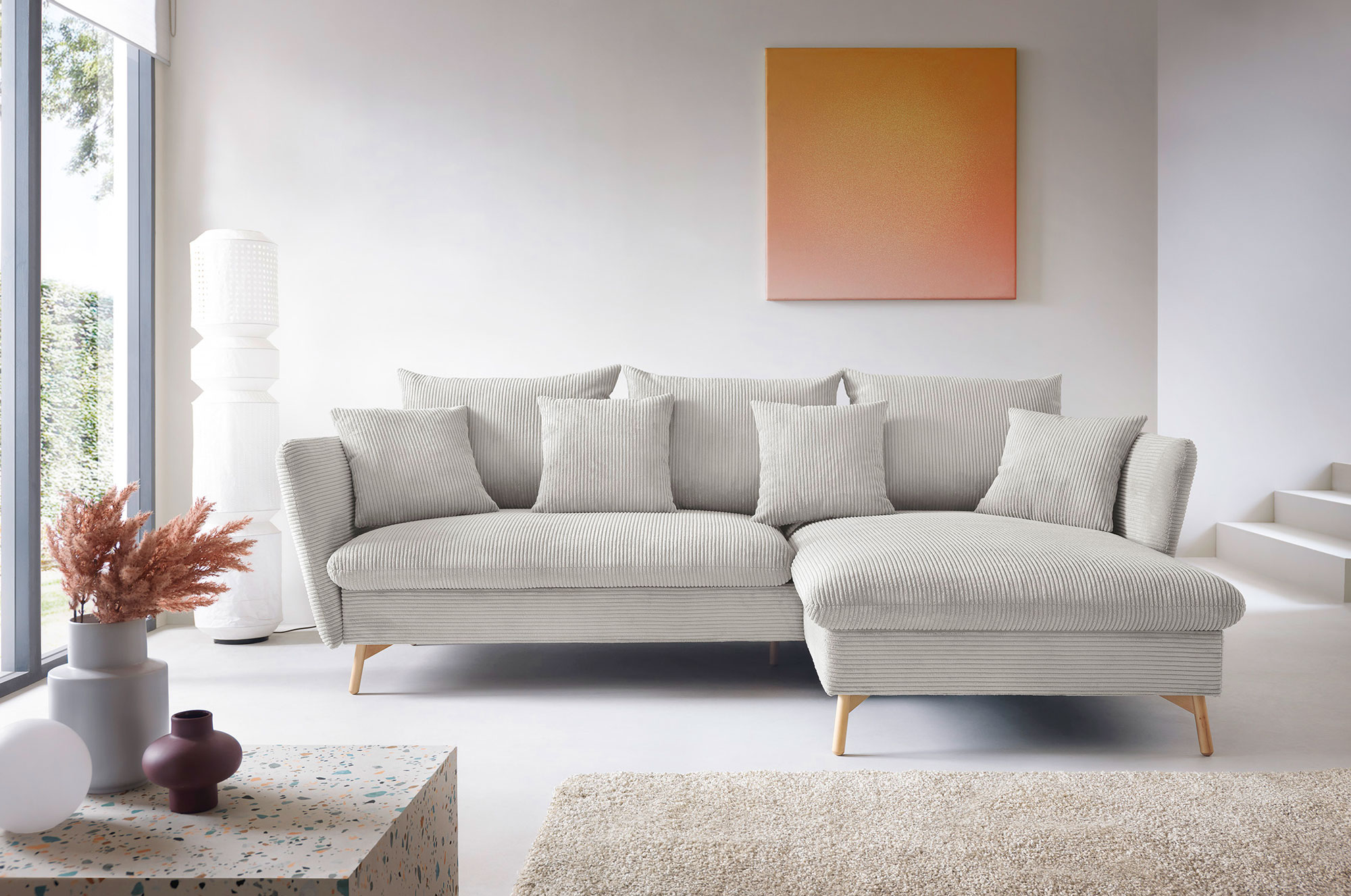 Wizualizacja wnętrza z wykorzystaniem waniliowego narożnika sztruksowego Vettio