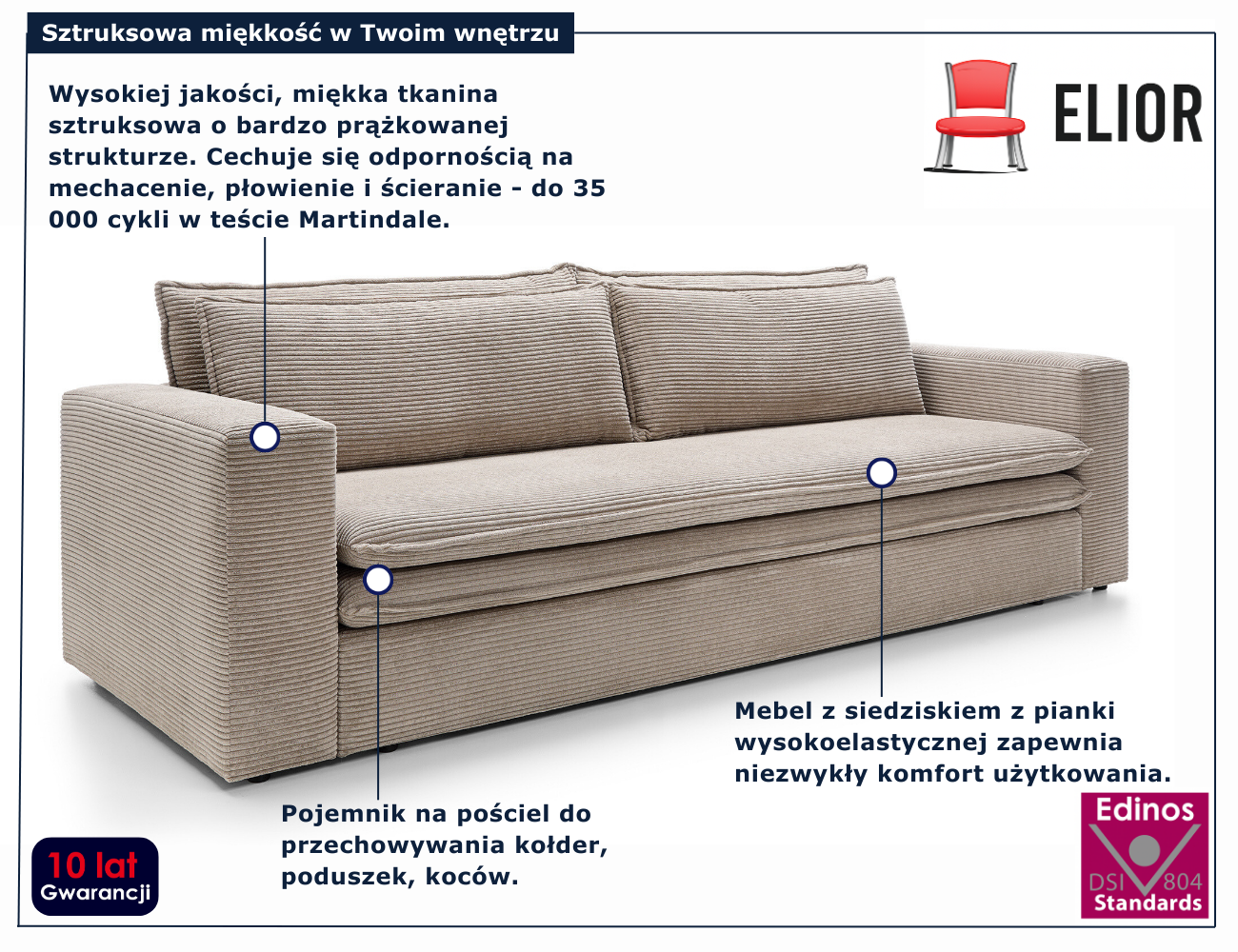 Beżowa kanapa sztruksowa rozkładana Eriena