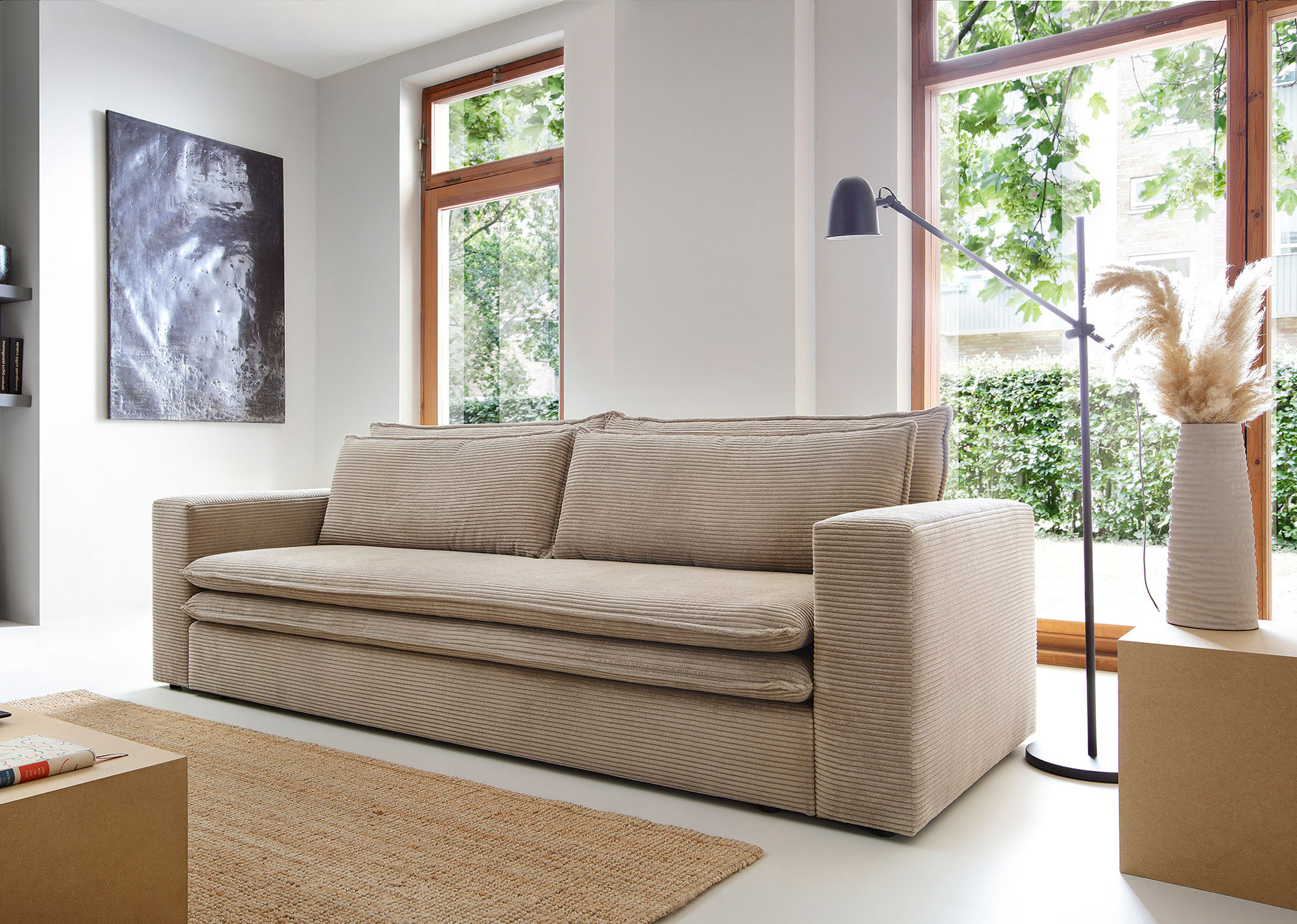 Wizualizacja wnętrza ze sztruksową kanapą rozkładana Eriena beż