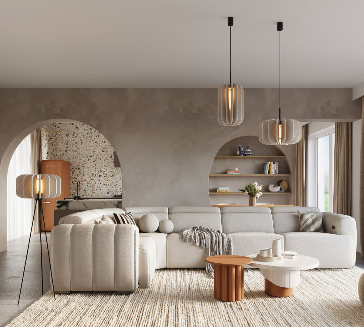 Przykładowa aranżacja z beżową lampą podłogową do salonu M189-Ladin