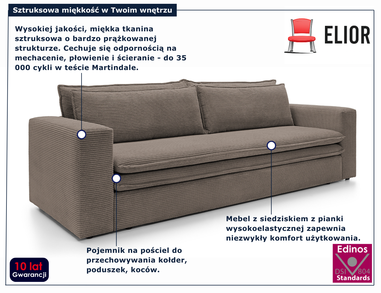 Orzechowa sofa sztruksowa rozkładana Eriena 3X