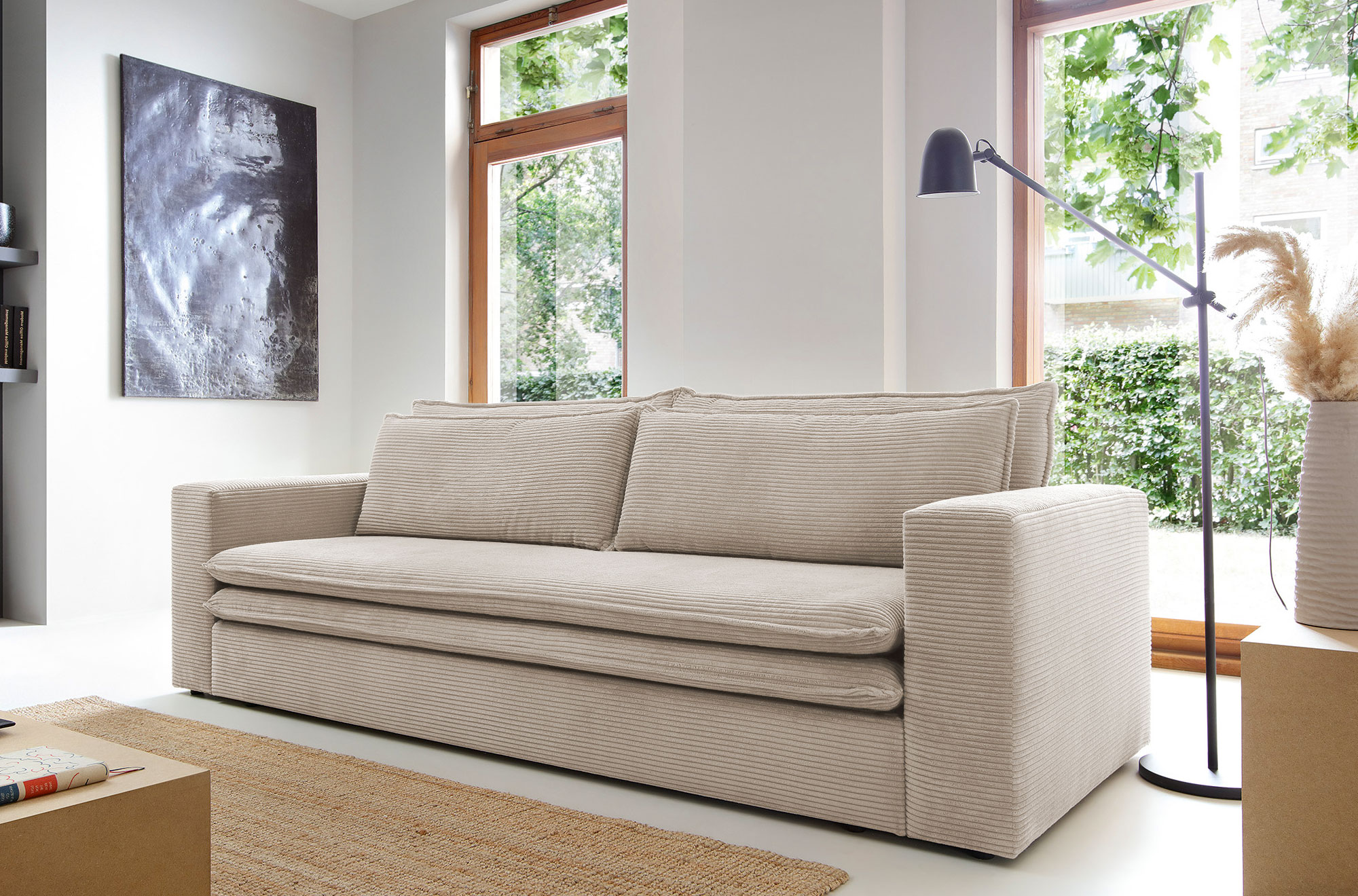 Przykładowa aranżacja z kanapą sztruksową Eriena 3X jasny beż