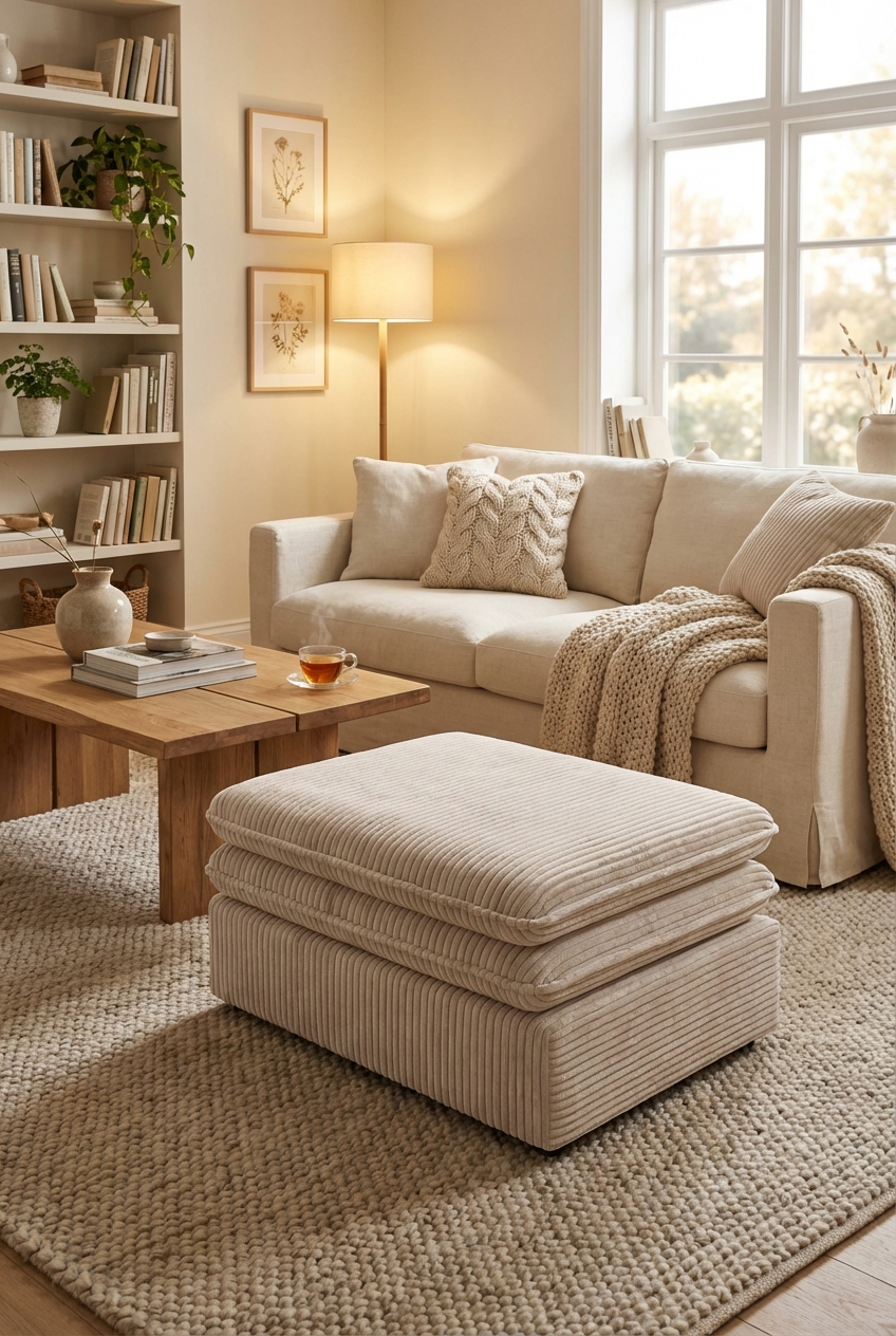 Przykładowa aranżacja z kwadratową pufą sztruksową Eriena 5X