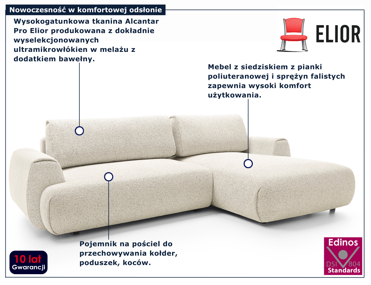 Nowoczesna kanapa narożna rozkładana Mezzia 3X ecru