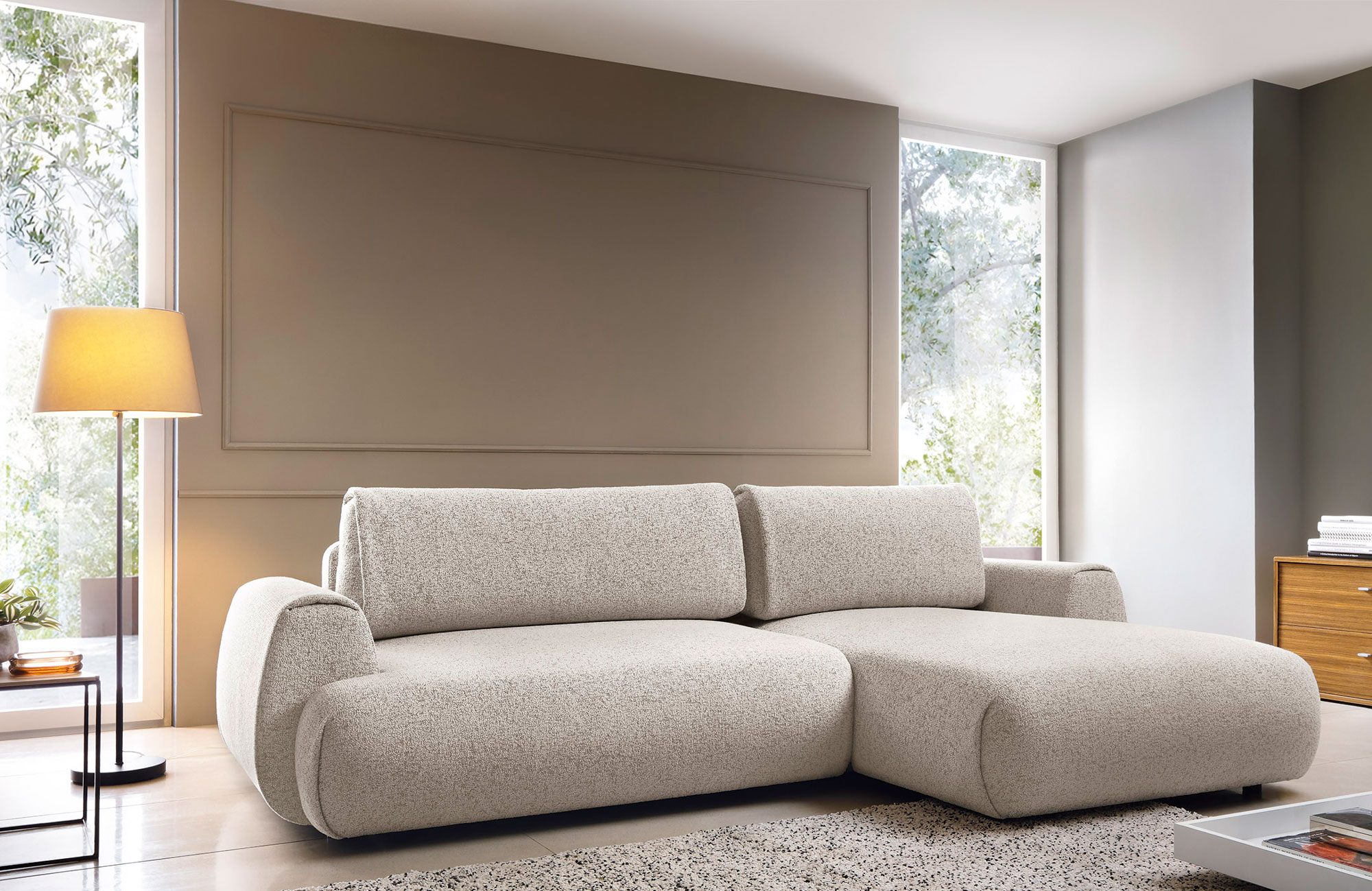 Aranżacja wnętrza z wykorzystaniem jasnopopielatego narożnika Mezzia 3X