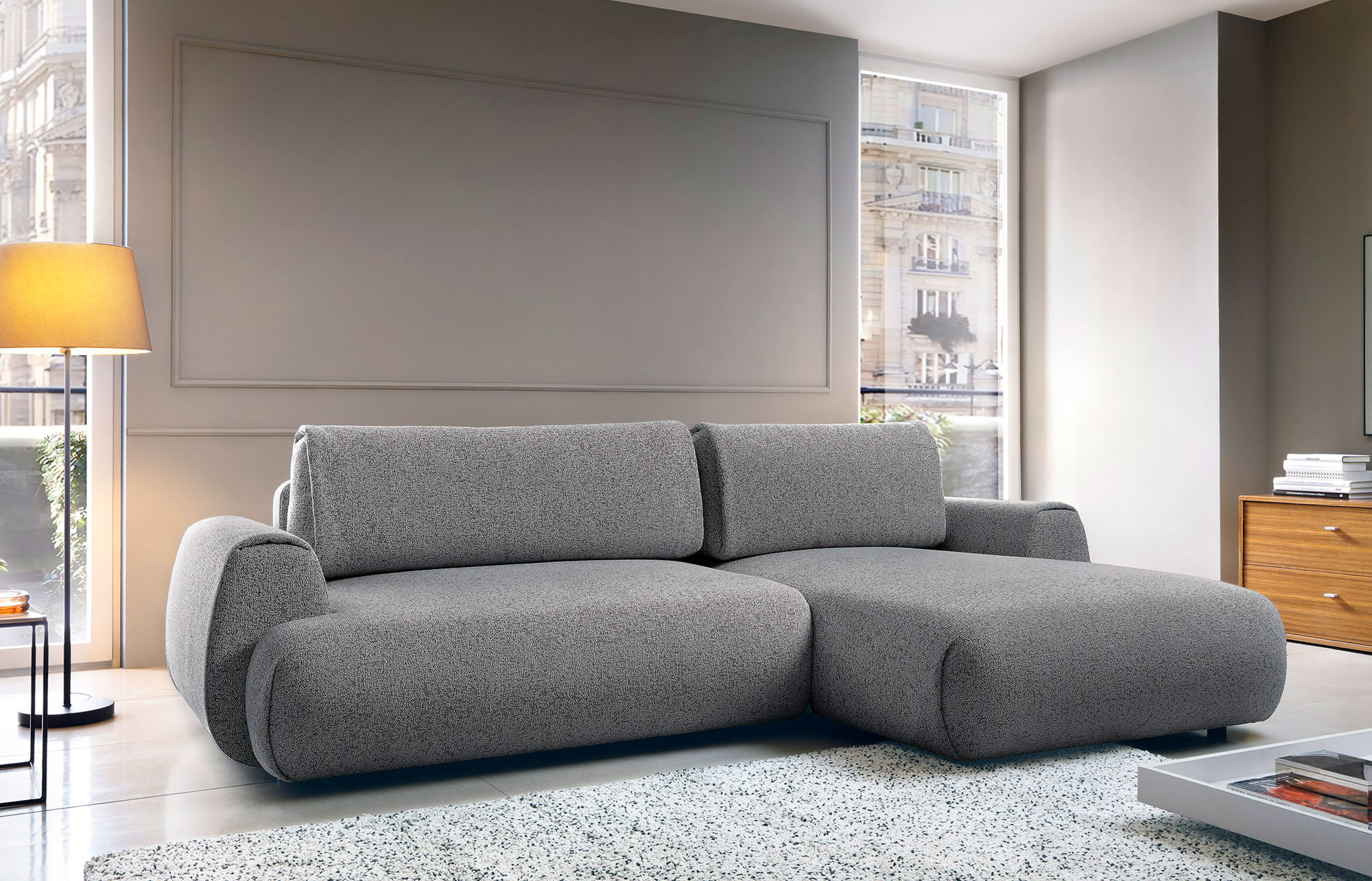 Salon z wykorzystaniem popielatego narożnika Mezzia 3X