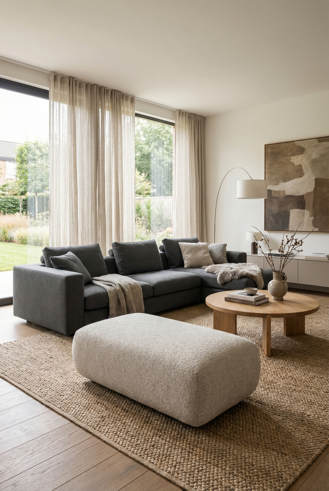 Salon z wykorzystaniem pufy Mezzia 4X jasny popiel