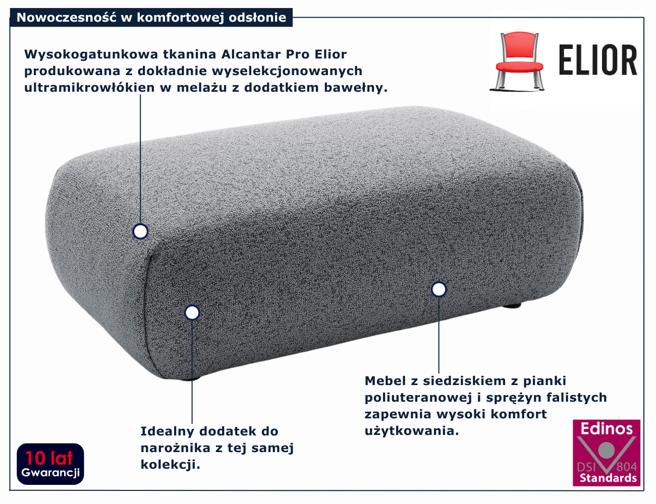 Duża popielata pufa prostokątna do kanapy Mezzia 4X