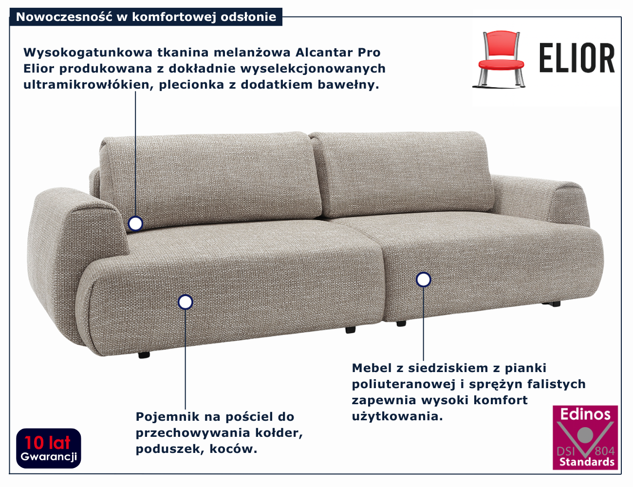 Nowoczesna sofa z funkcją spania Evonis ciepły szary