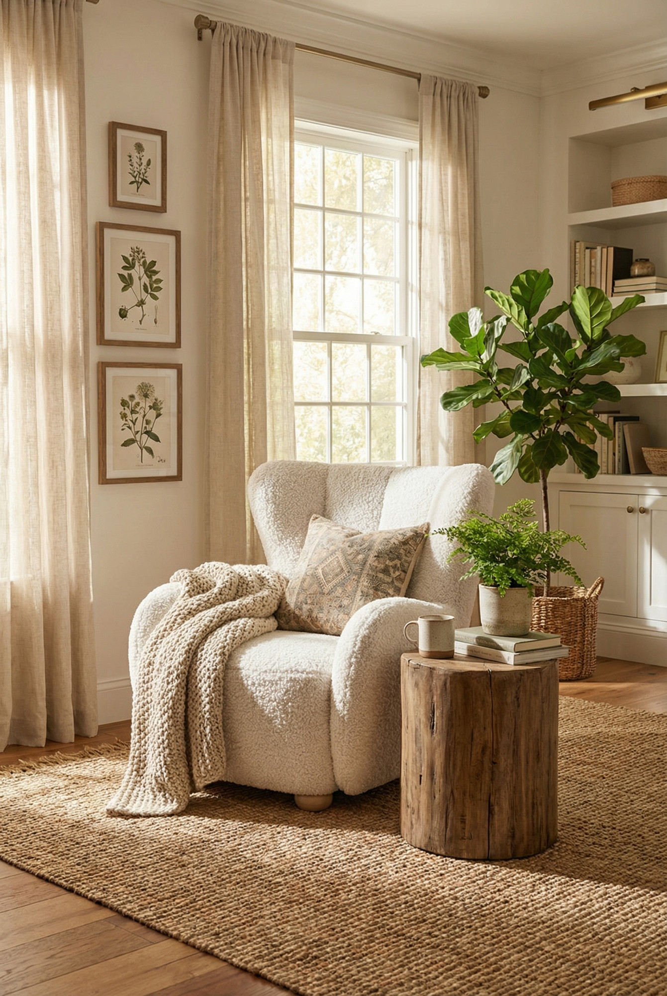 Aranżacja z wykorzystaniem białego fotela boucle Palori