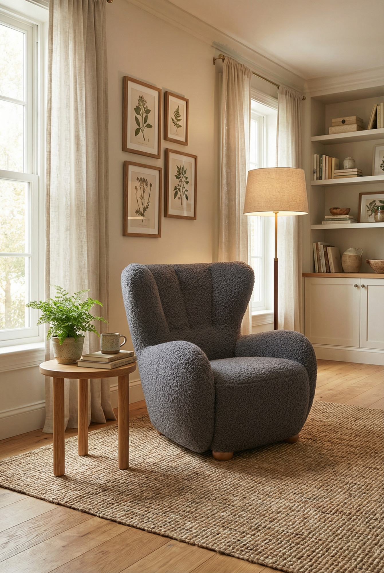 Salon skandynawski z wykorzystaniem czarnego fotela boucle Palori