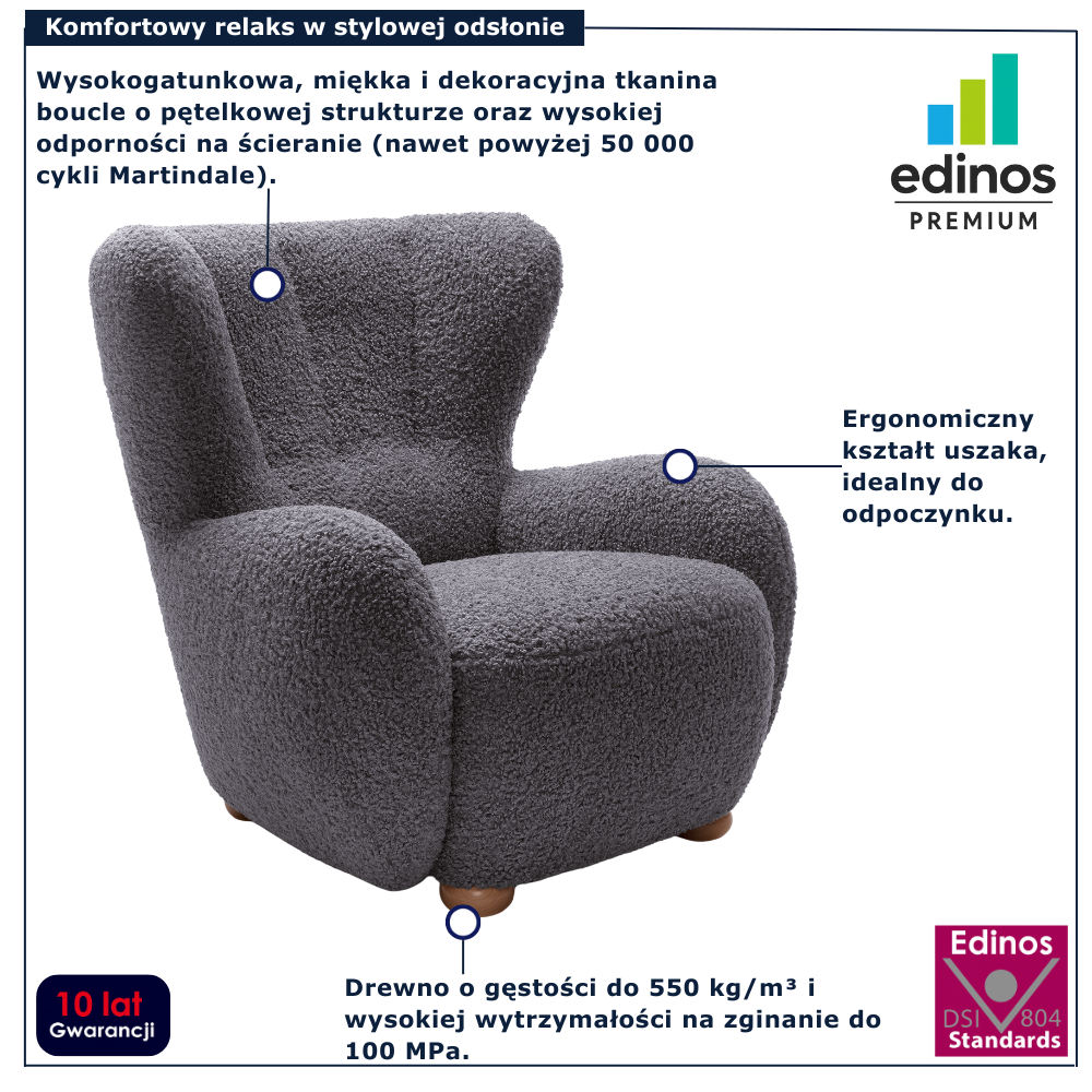 Czarny fotel skandynawski uszak boucle Palori