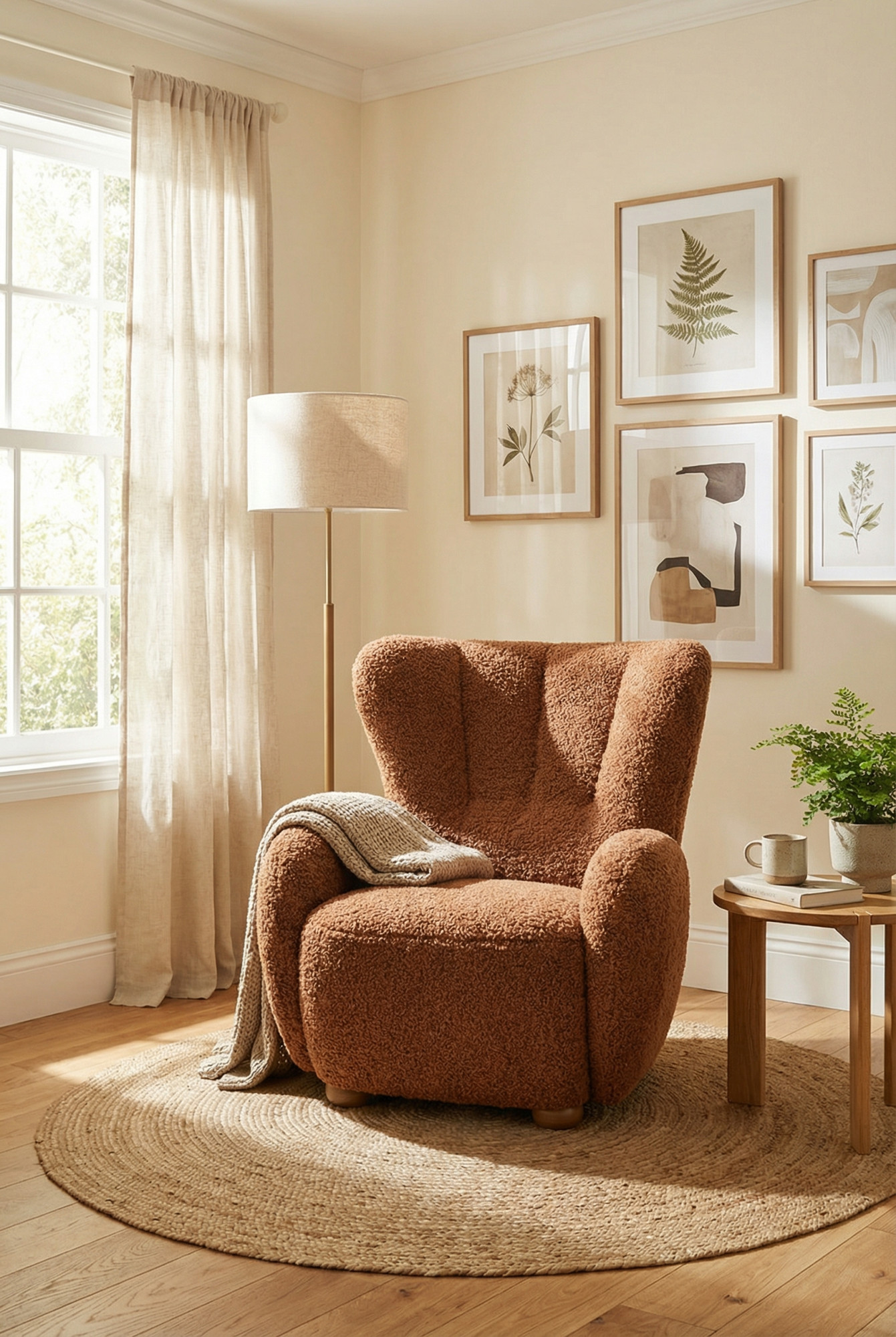 Aranżacja wnętrza z fotelem boucle Palori ceglasty