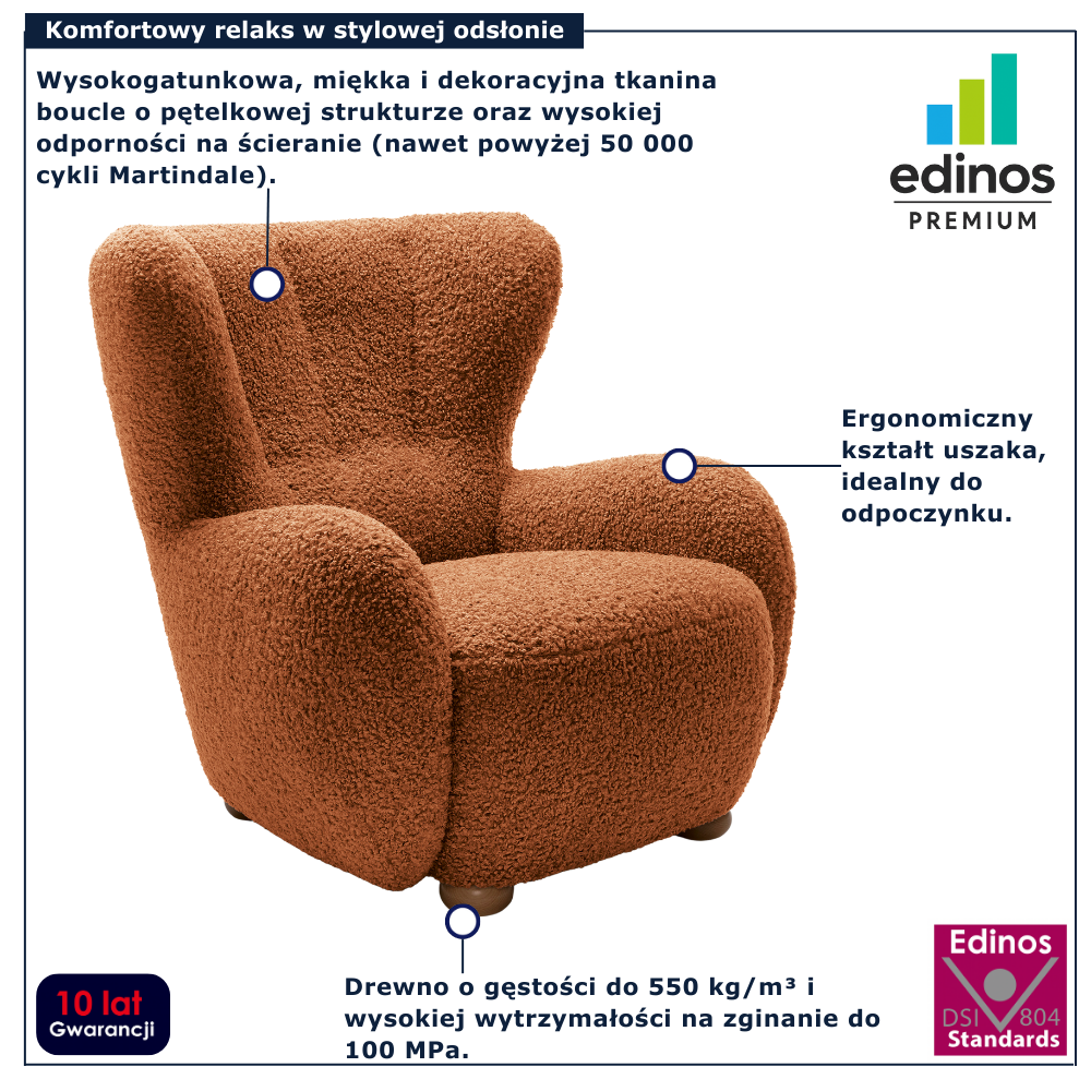 Ceglasty fotel do salonu boucle Palori