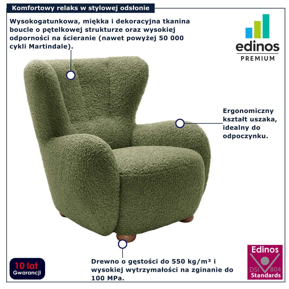 Oliwkowy fotel typu uszak baranek Palori