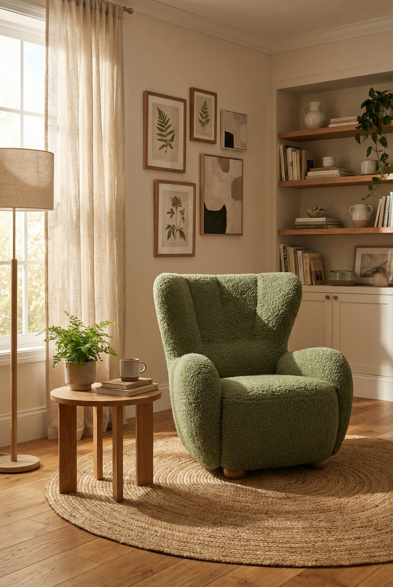 Wnętrze skandynawskie z wykorzystaniem zielonego fotela boucle Palori