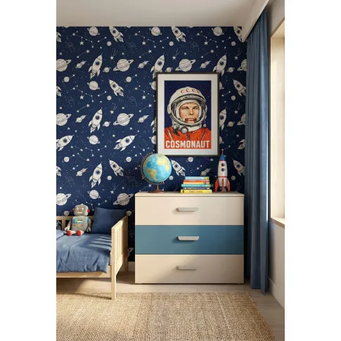 Wnętrze z wykorzystaniem komody z 3 szufladami Zimi 4X kaszmir + niebieski