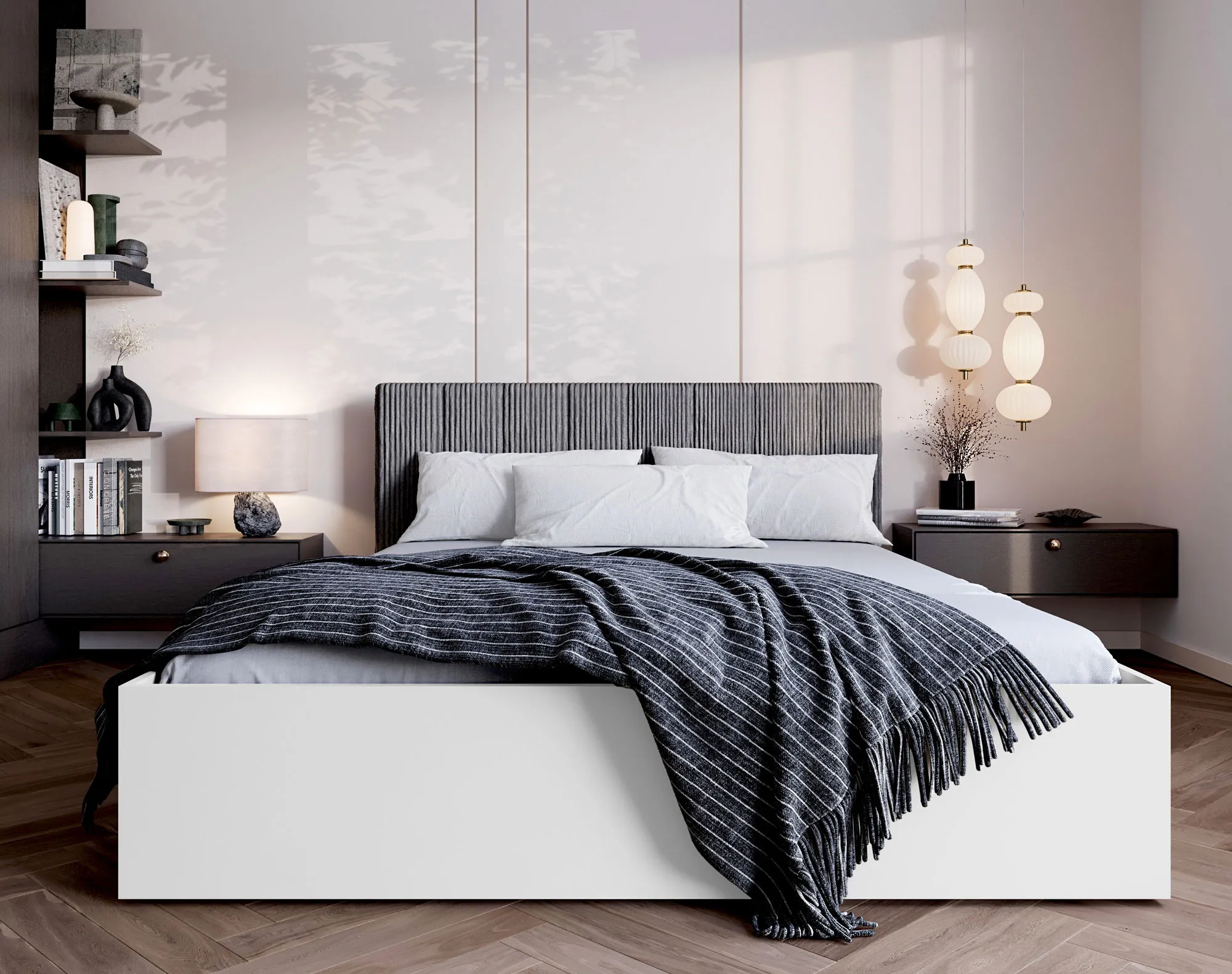 Nowoczesna sypialnia z wykorzystaniem białego łóżka z szarym sztruksowym zagłówkiem Ermini 4X