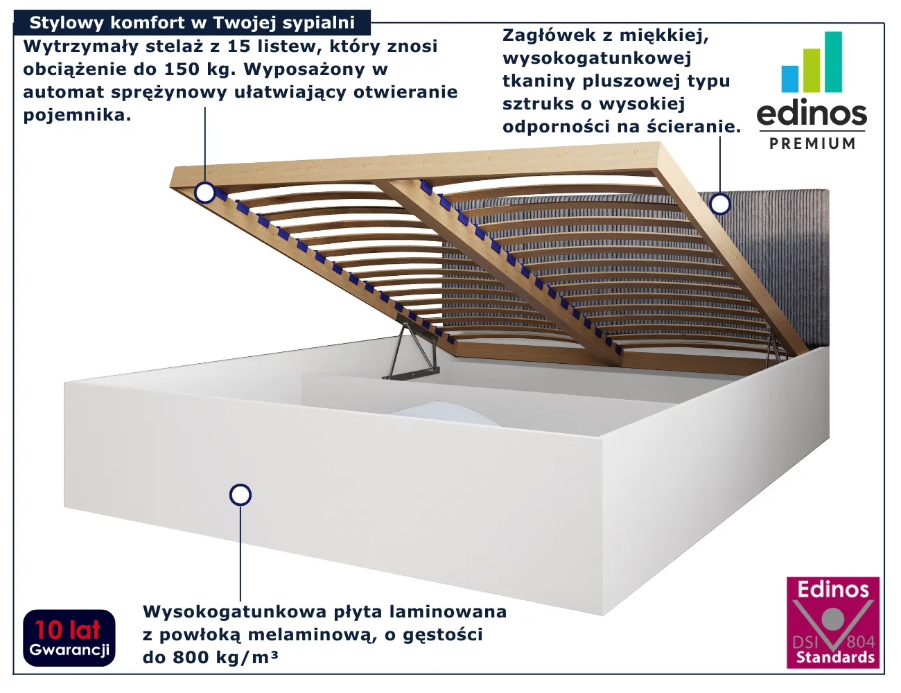 Białe łóżko jednoosobowe z szarym sztruksowym zagłówkiem Ermini 3X 90x200