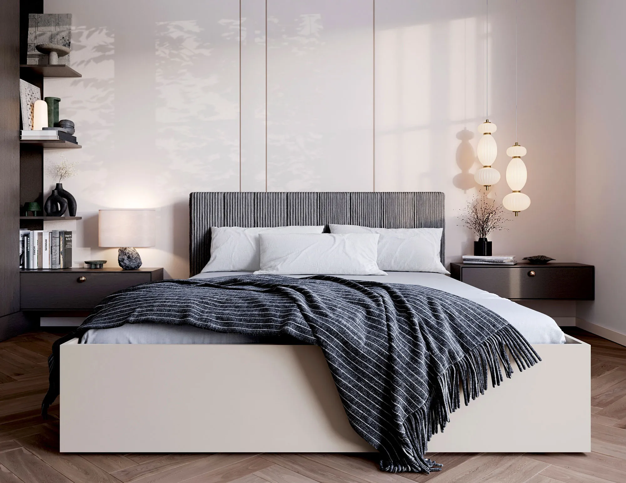 Sypialnia z wykorzystaniem kaszmirowego łóżka z szarym sztruksowym zagłówkiem Ermini 4X
