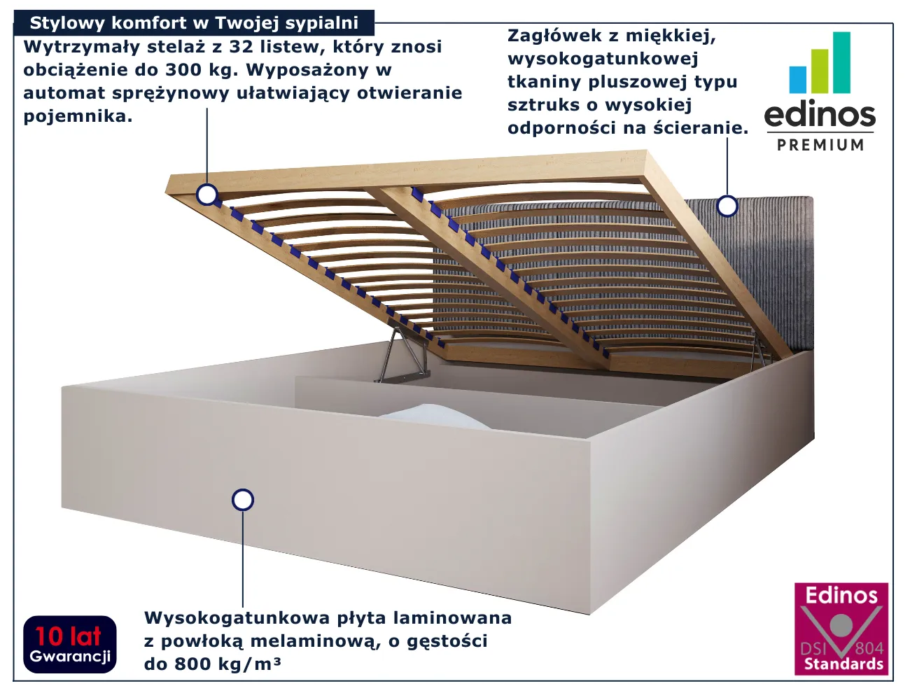 Kaszmirowe łóżko 160x200 z szarym sztruksowym zagłówkiem Ermini 4X