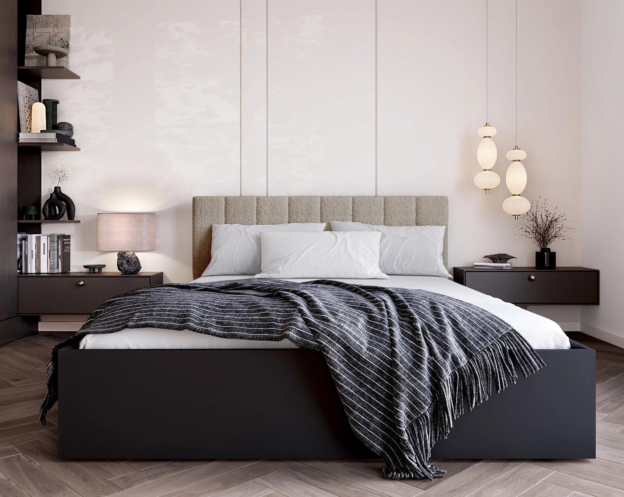 Aranżacja nowoczesnej sypialni z wykorzystaniem czarnego łóżka z beżowym zagłówkiem boucle Berigi 3X