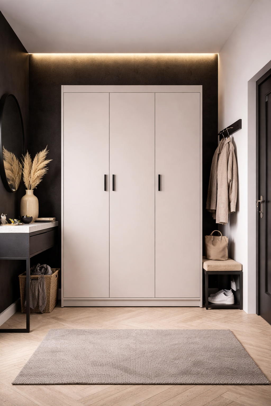 Aranżacja wnętrza z kaszmirową szafą trzydrzwiową Parioni 8X