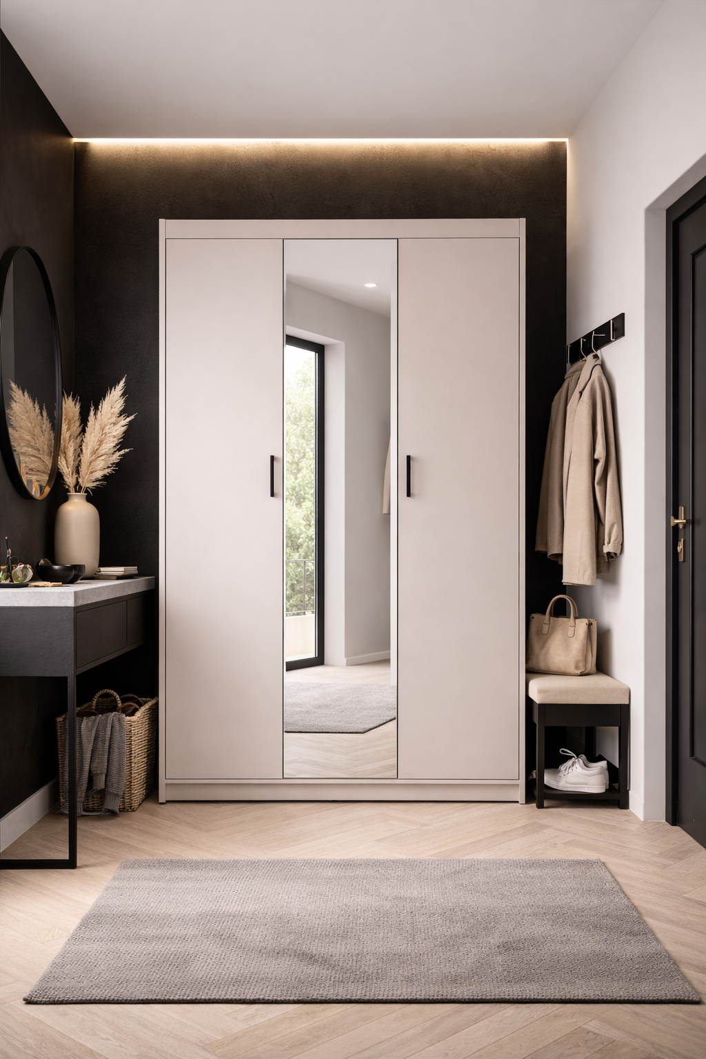 Aranżacja z kaszmirową szafą trzydrzwiową z lustrem Parioni 9X