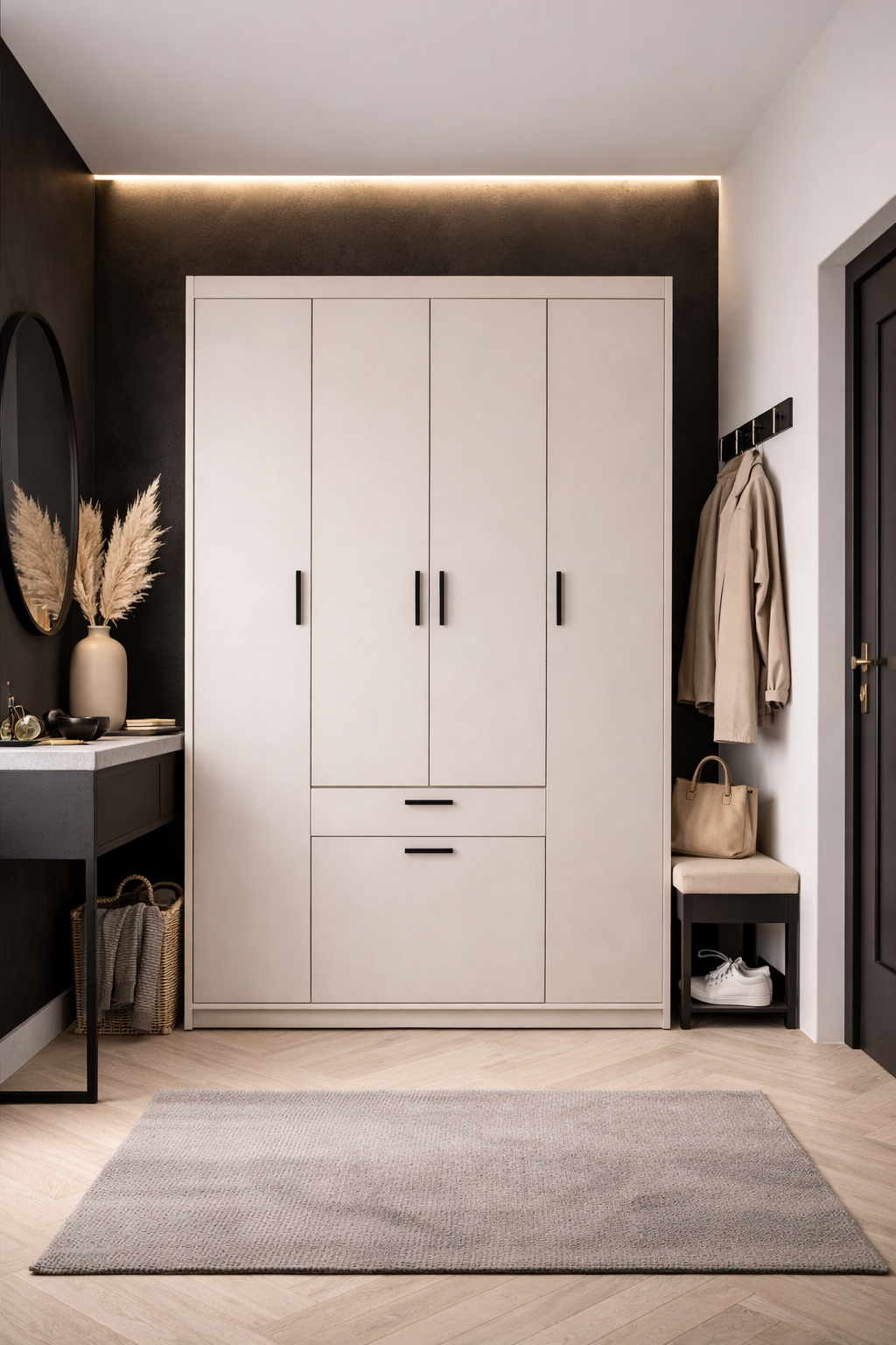 Wizualizacja wnętrza z kaszmirową szafą czterodrzwiową Parioni 10X