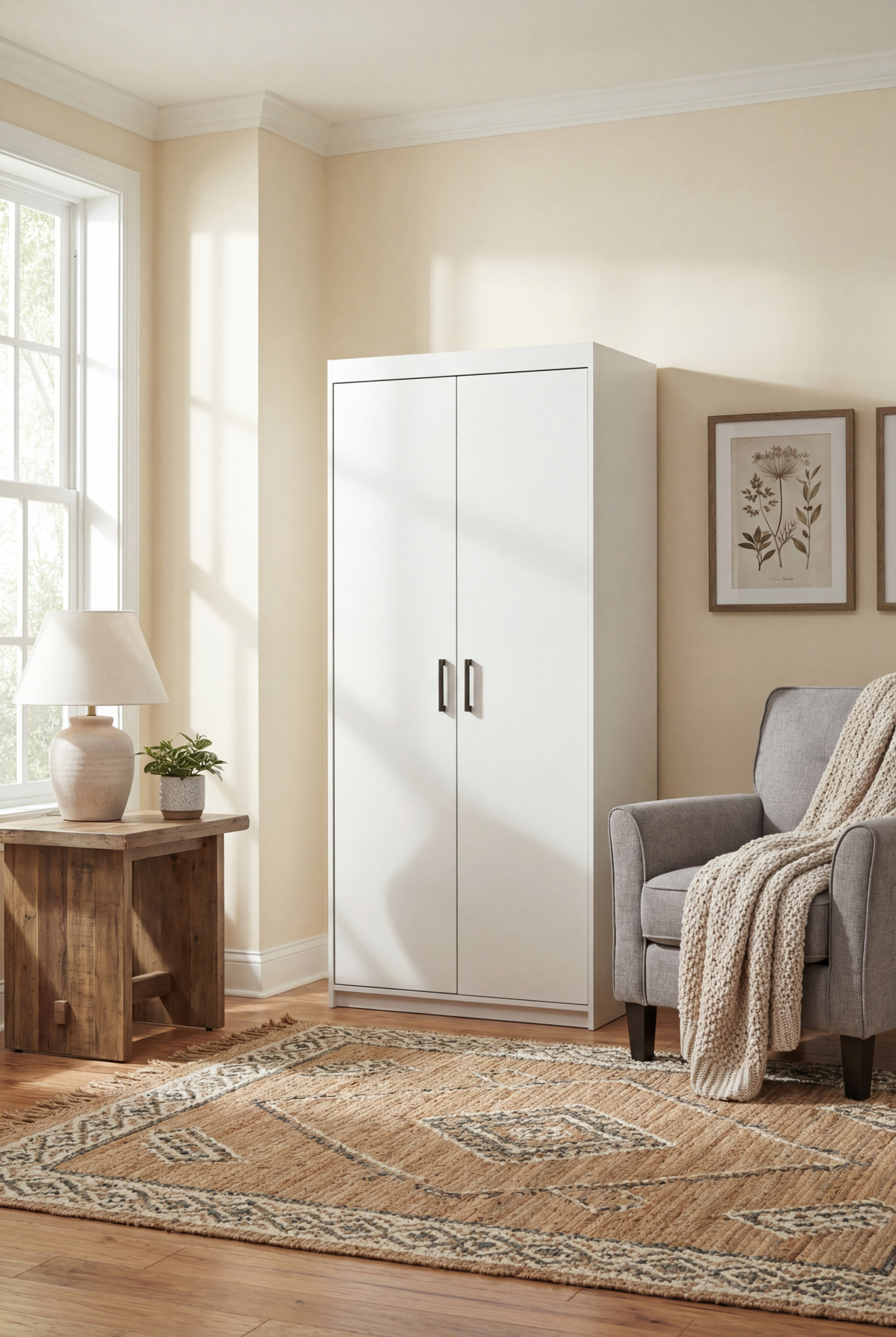 Aranżacja wnętrza z białą szafą Parioni 4X