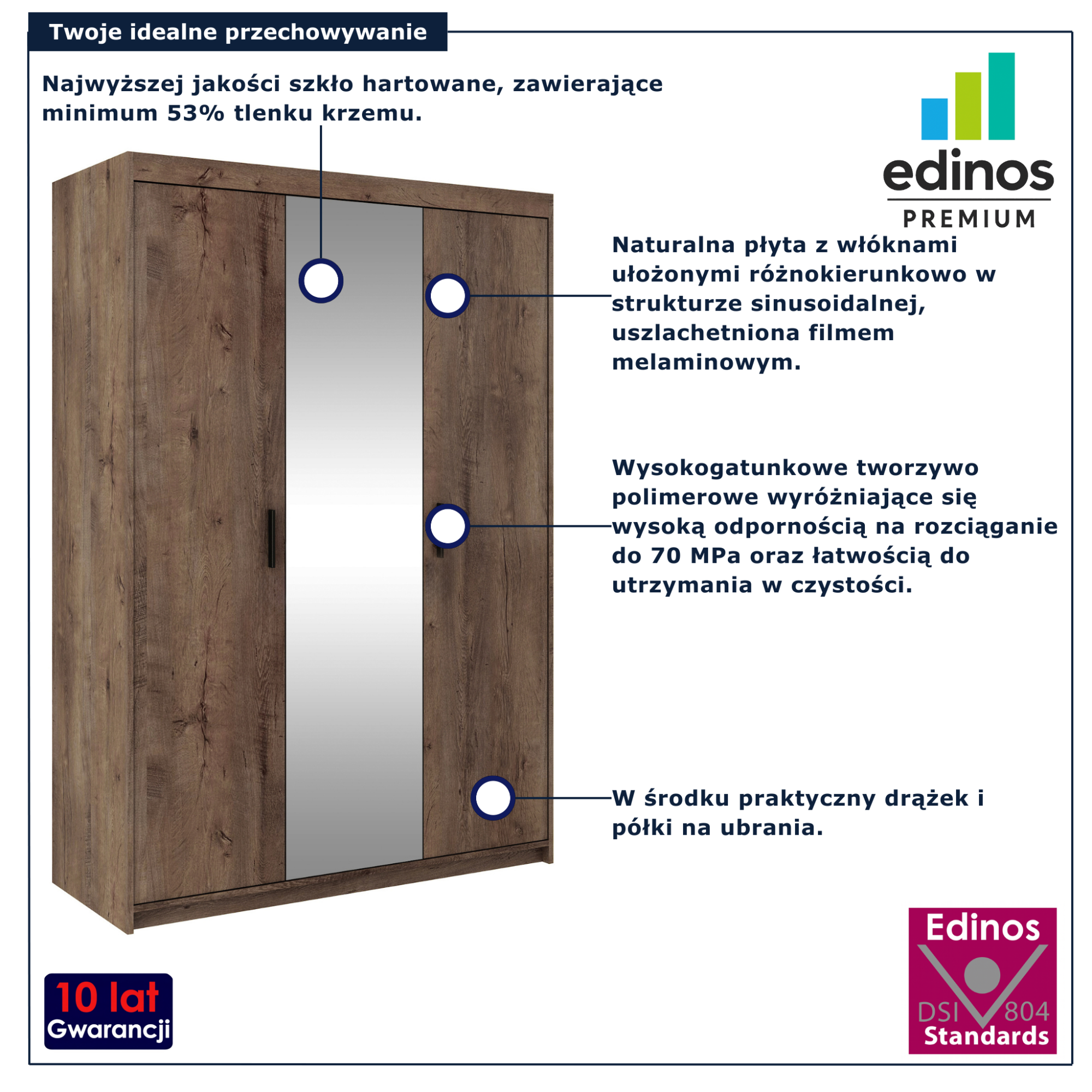 Szafa trzydrzwiowa z lustrem Parioni 9X dąb lefkas