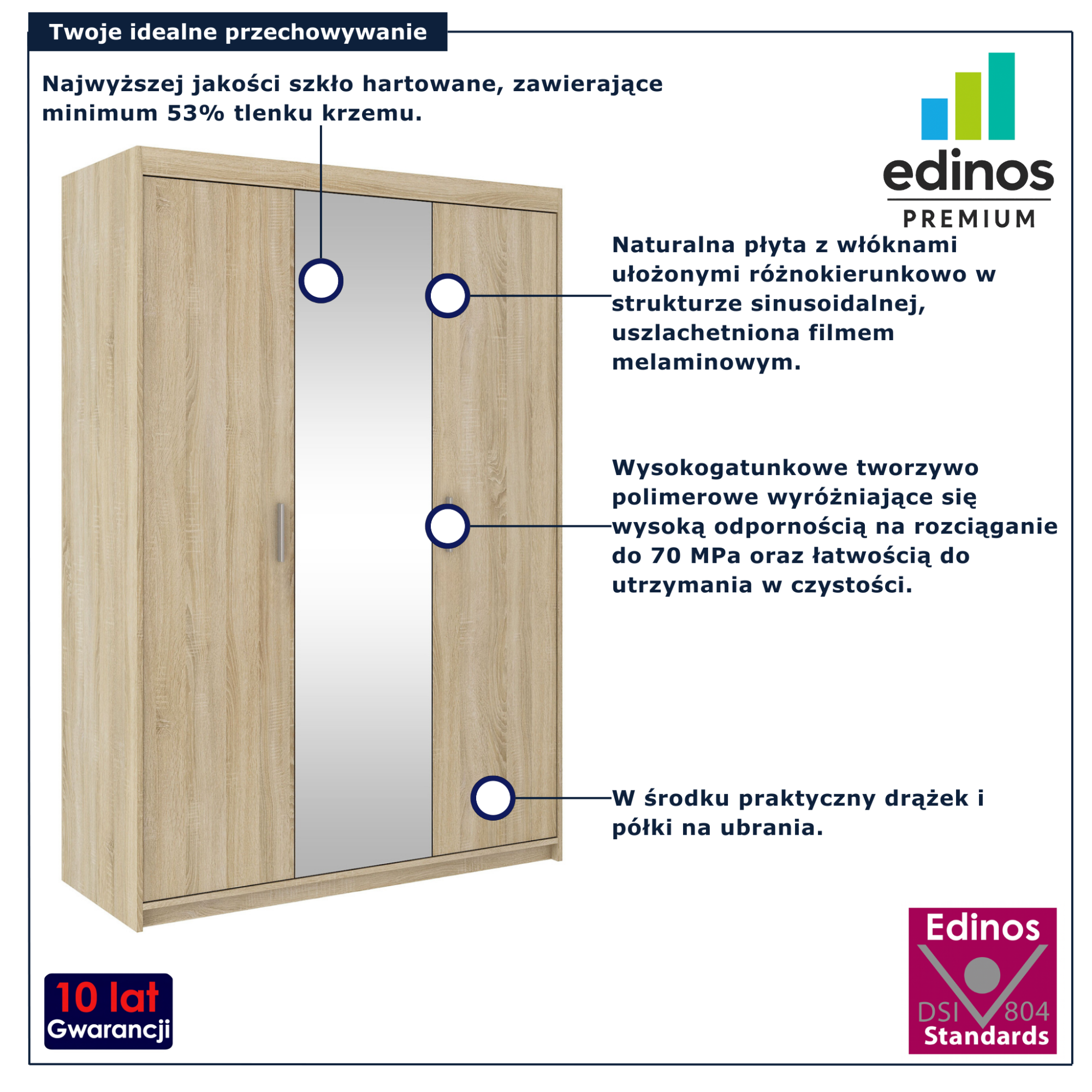 Szafa trzydrzwiowa z lustrem Parioni 9X dąb sonoma