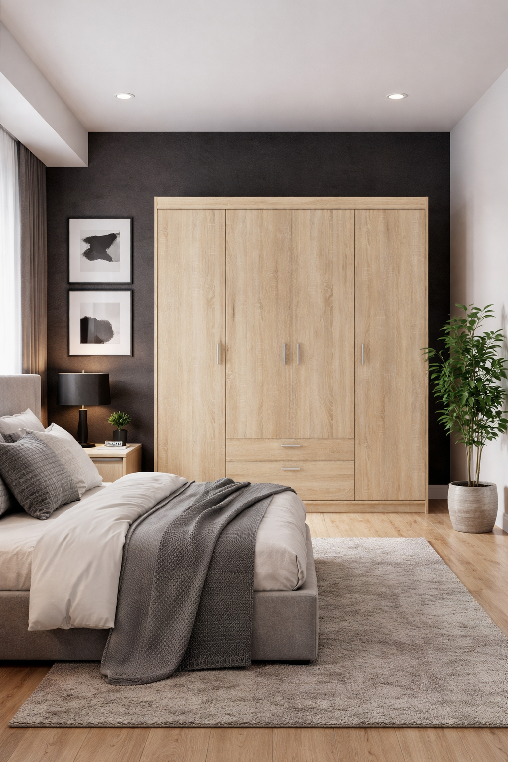 Wizualizacja wnętrza z szafą czterodrzwiową Parioni 10X dąb sonoma